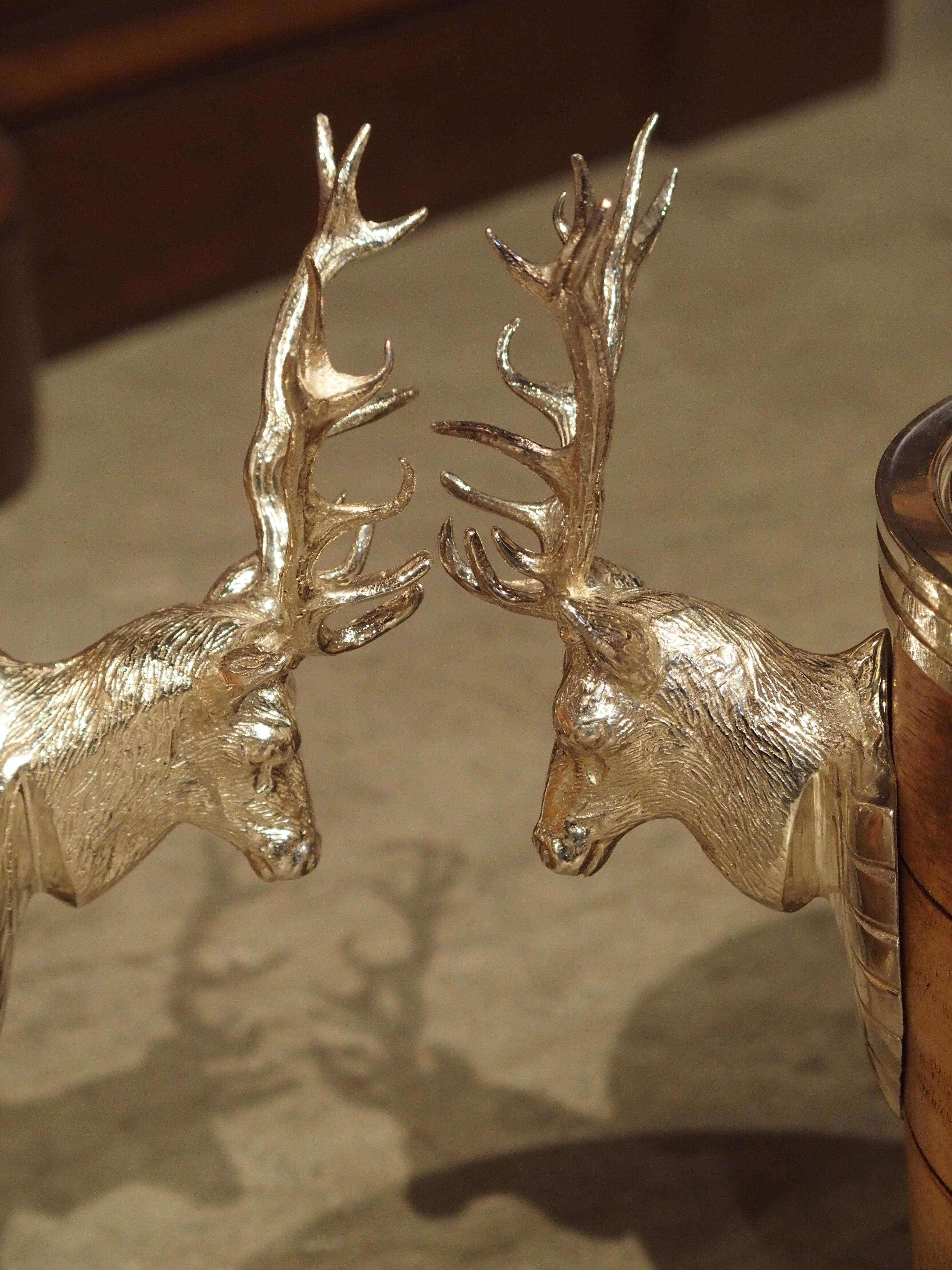 Silver Plate Pair of Silverplate and Wood Wine Coolers with Mounted Stags and Cartouches