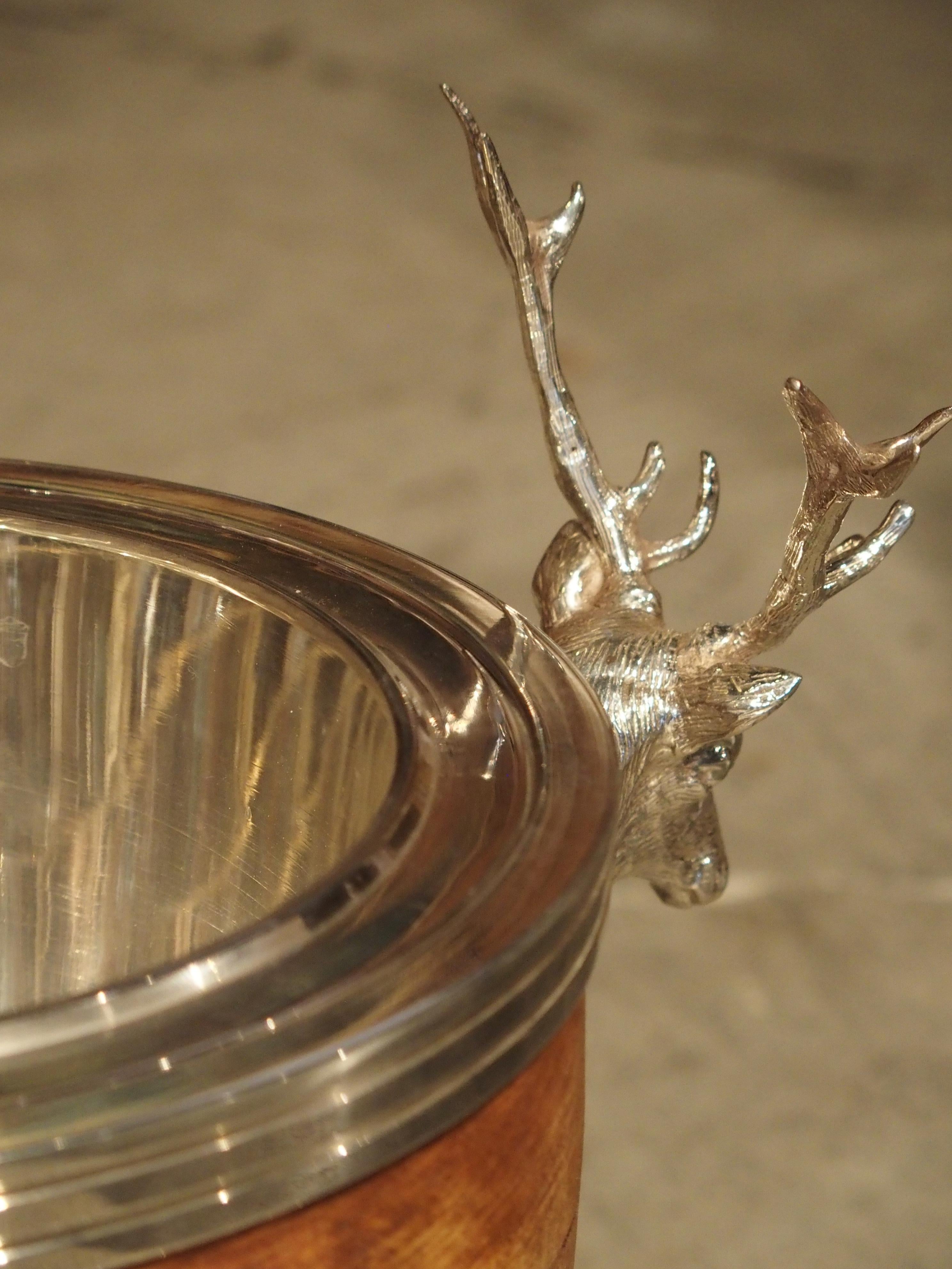 Pair of Silverplate and Wood Wine Coolers with Mounted Stags and Cartouches 1