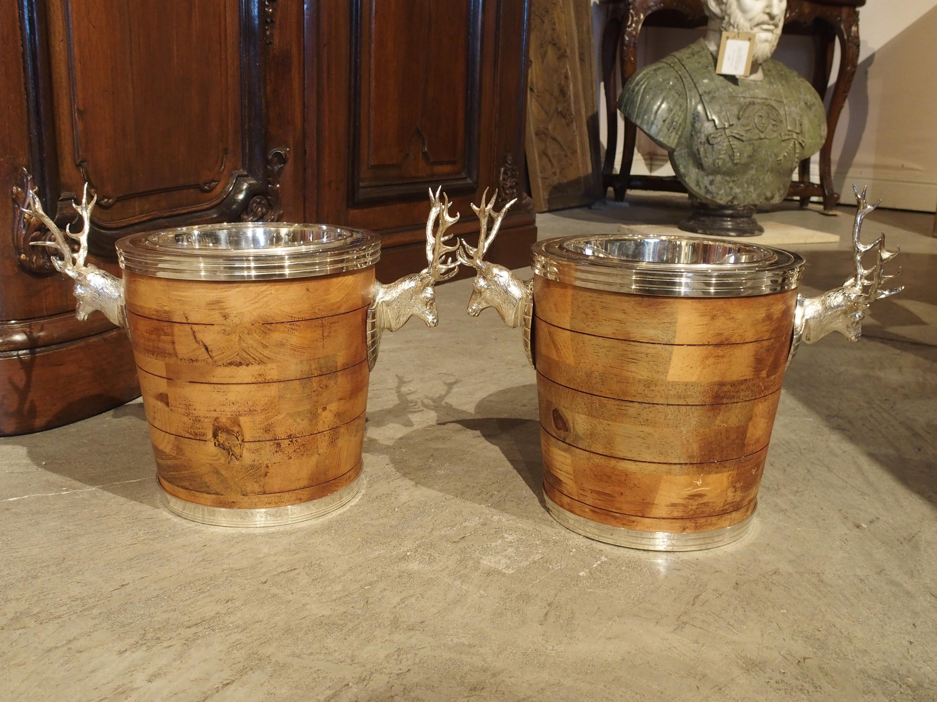 Pair of Silverplate and Wood Wine Coolers with Mounted Stags and Cartouches 2
