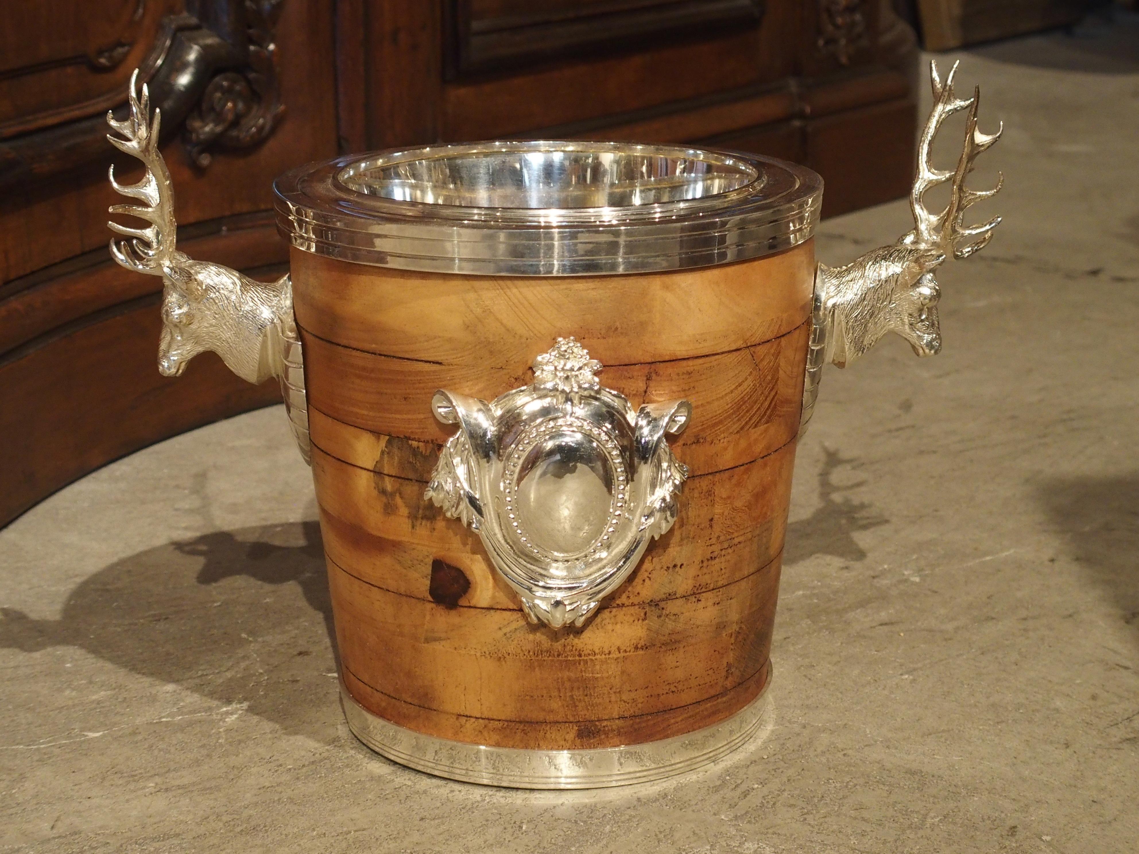 Pair of Silverplate and Wood Wine Coolers with Mounted Stags and Cartouches 3