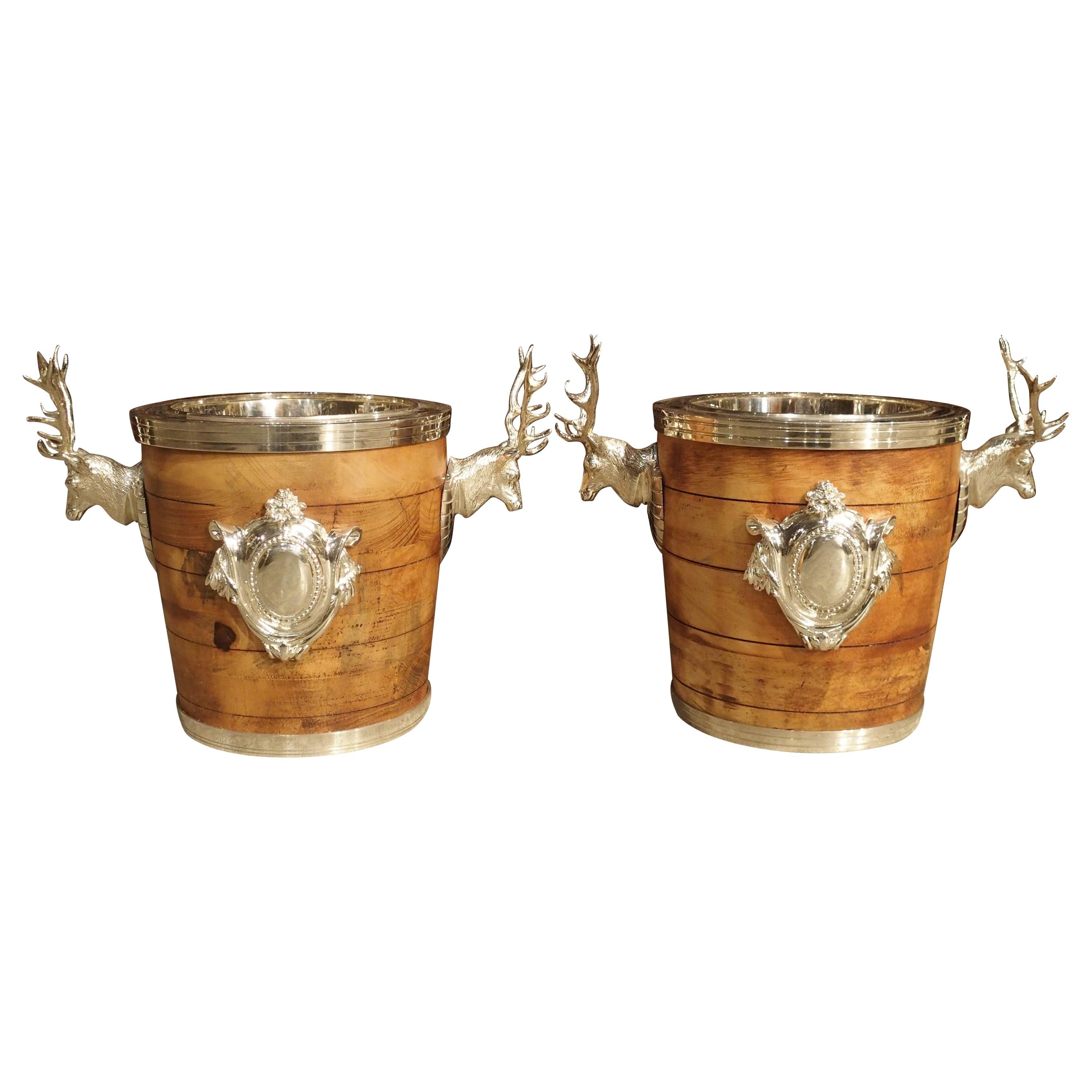 Pair of Silverplate and Wood Wine Coolers with Mounted Stags and Cartouches