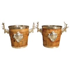 Vintage Pair of Silverplate and Wood Wine Coolers with Mounted Stags and Cartouches