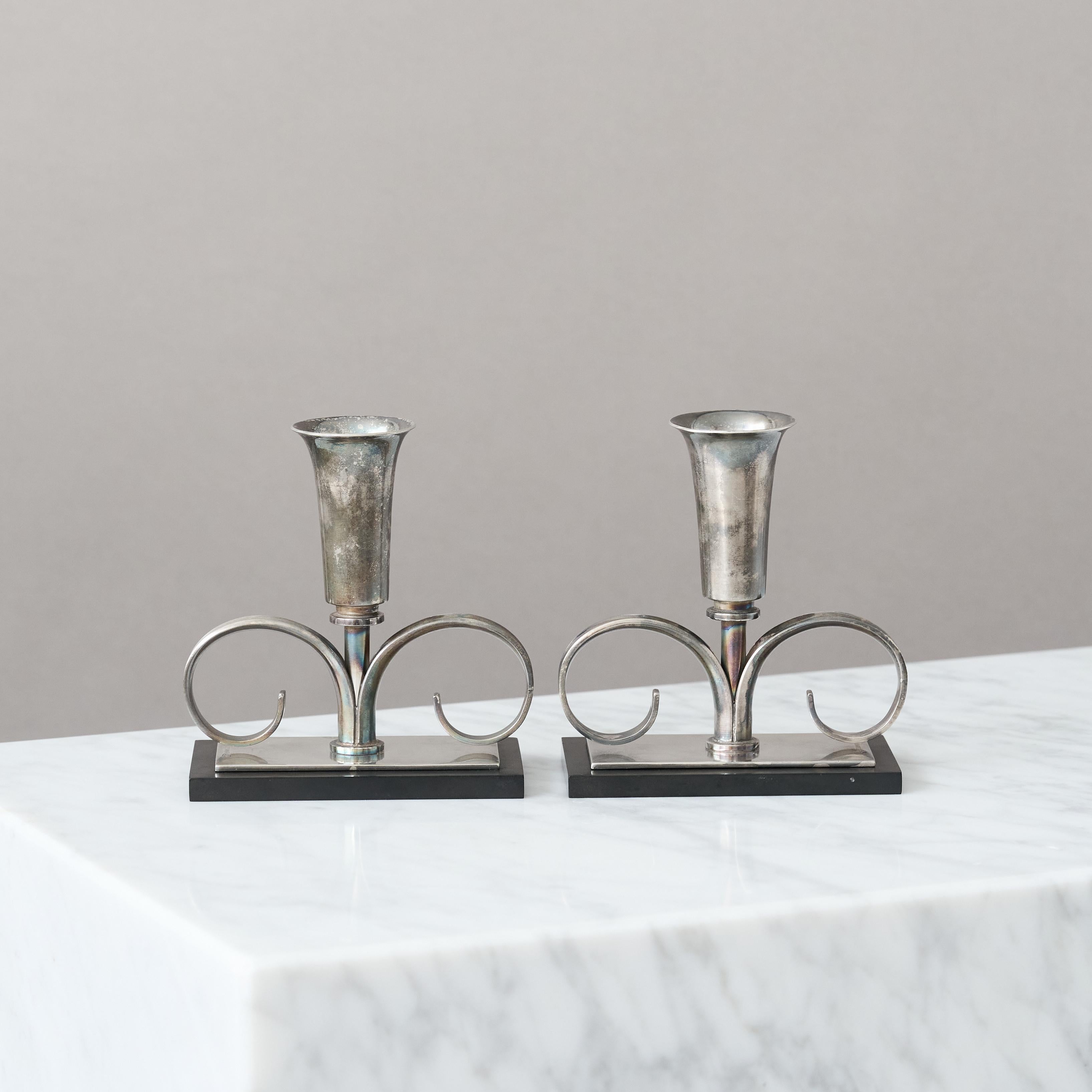 Danish Pair of Silverplate Art Deco Candlesticks by Carl M. Cohr, ATLA, Denmark, 1920s. For Sale