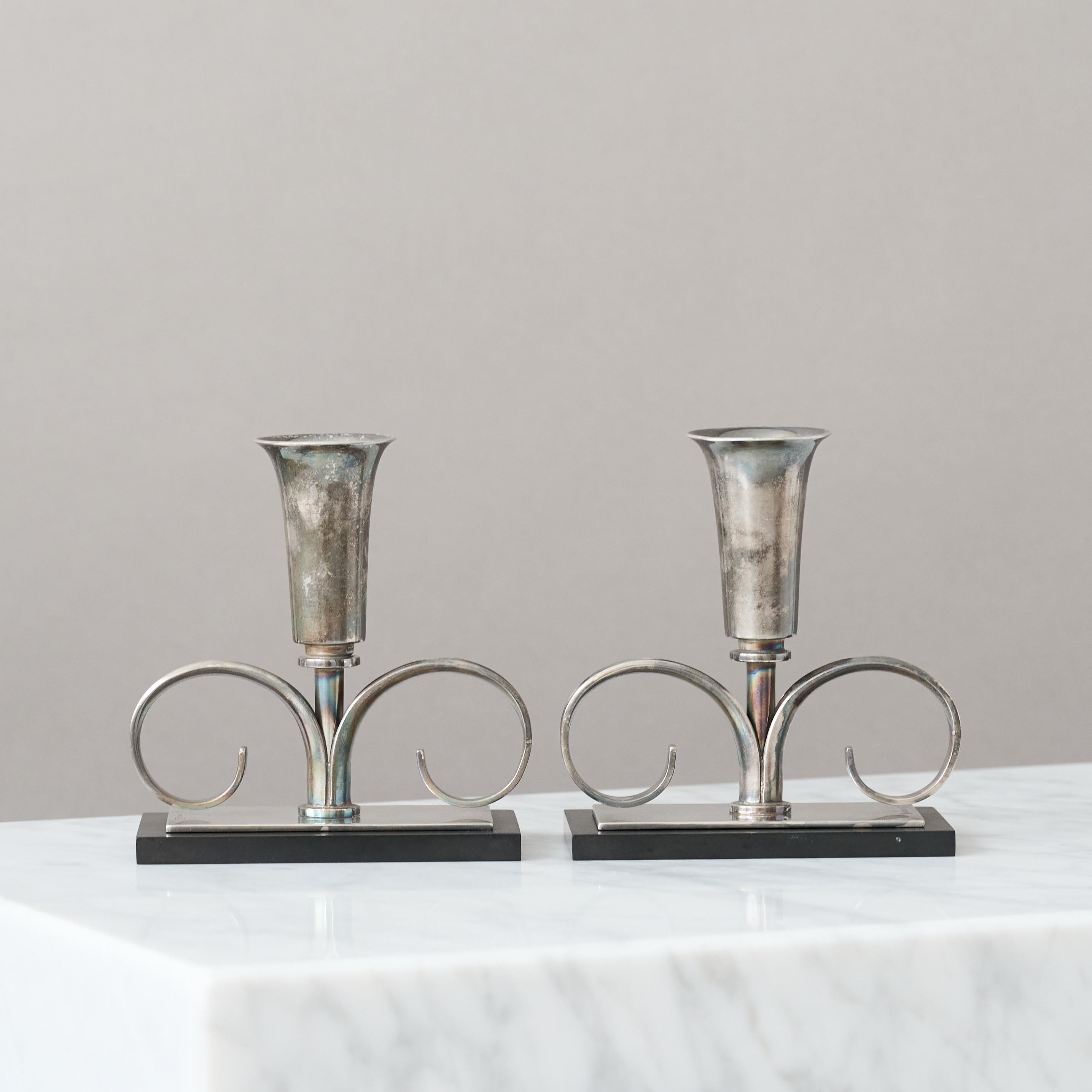 Pair of Silverplate Art Deco Candlesticks by Carl M. Cohr, ATLA, Denmark, 1920s. In Good Condition For Sale In Malmö, SE