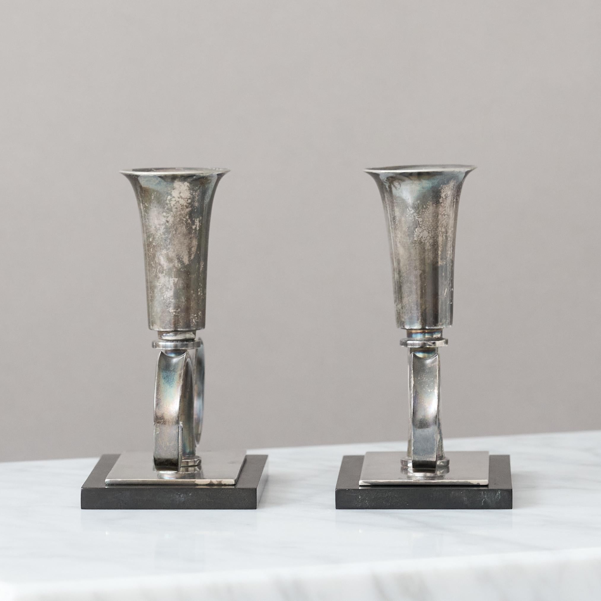 Silver Plate Pair of Silverplate Art Deco Candlesticks by Carl M. Cohr, ATLA, Denmark, 1920s. For Sale