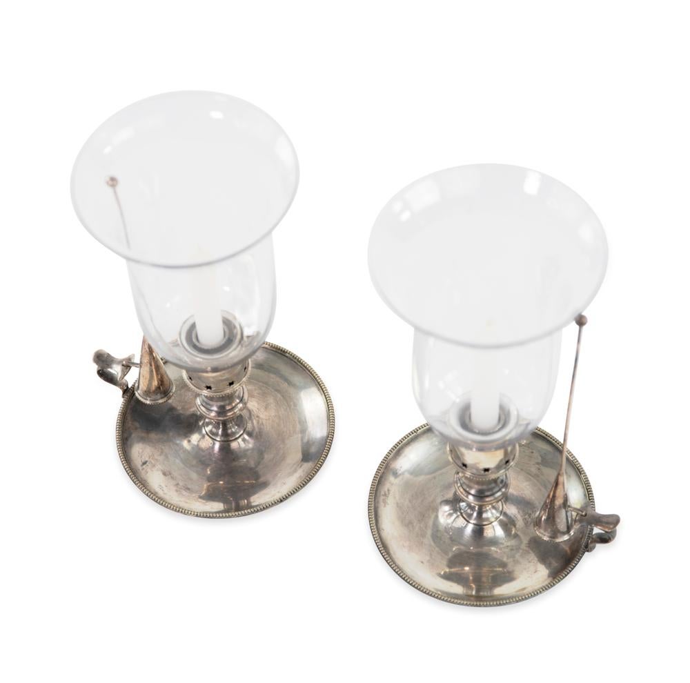 Candleholders complete with snuffers and hurricane glass