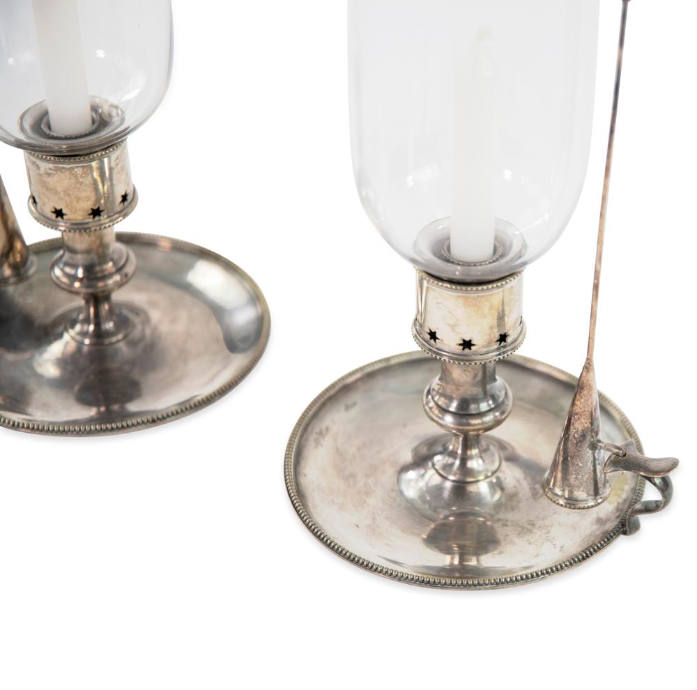 Victorian Pair of Silverplate Candlestick Holders w/Glass Hurricanes & Snuffers For Sale