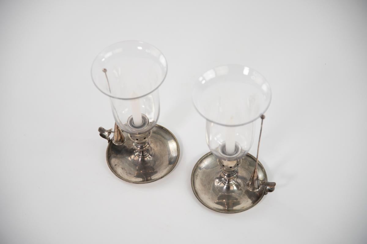 British Pair of Silverplate Candlestick Holders w/Glass Hurricanes & Snuffers For Sale