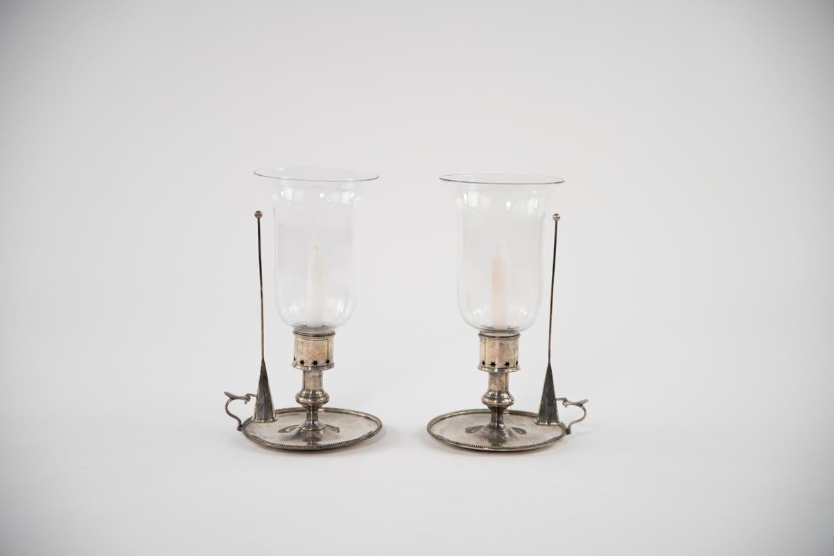 Pair of Silverplate Candlestick Holders w/Glass Hurricanes & Snuffers In Excellent Condition For Sale In New York, NY