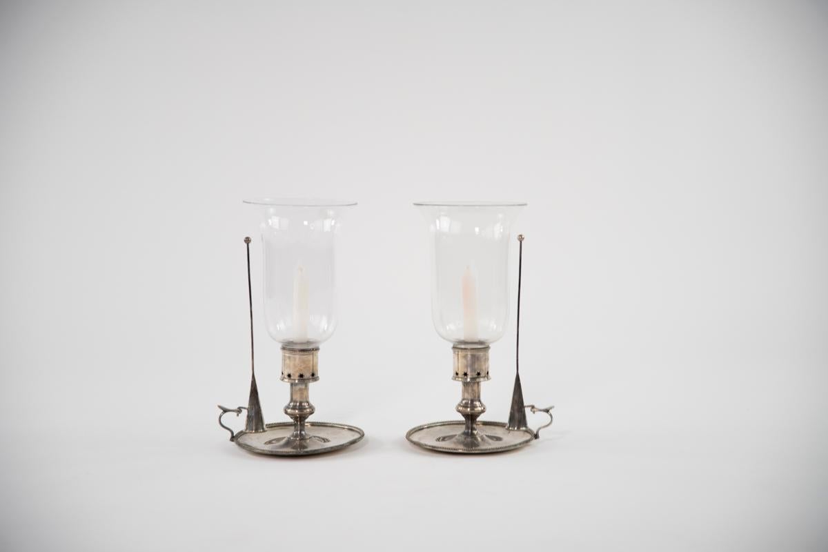 Late 19th Century Pair of Silverplate Candlestick Holders w/Glass Hurricanes & Snuffers For Sale