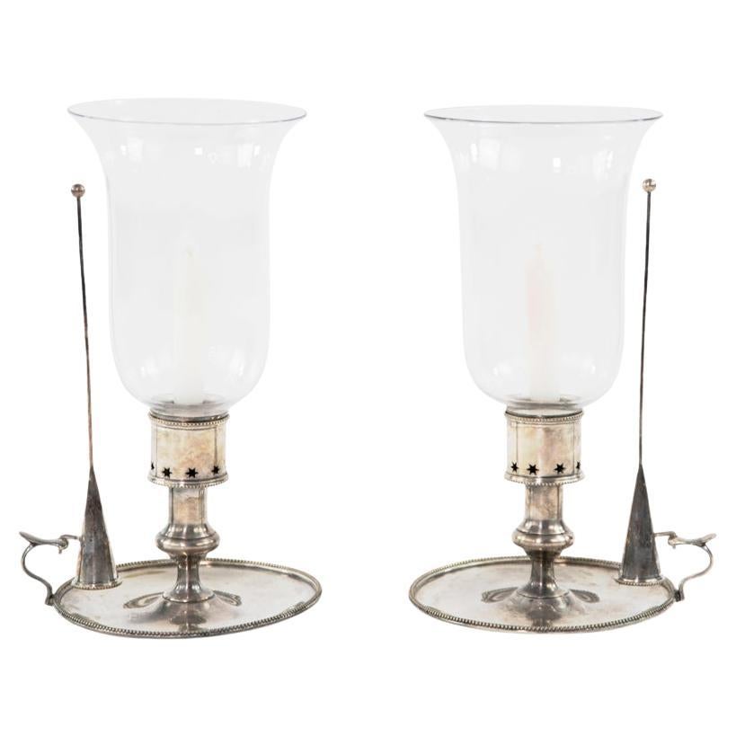 Pair of Silverplate Candlestick Holders w/Glass Hurricanes & Snuffers For Sale