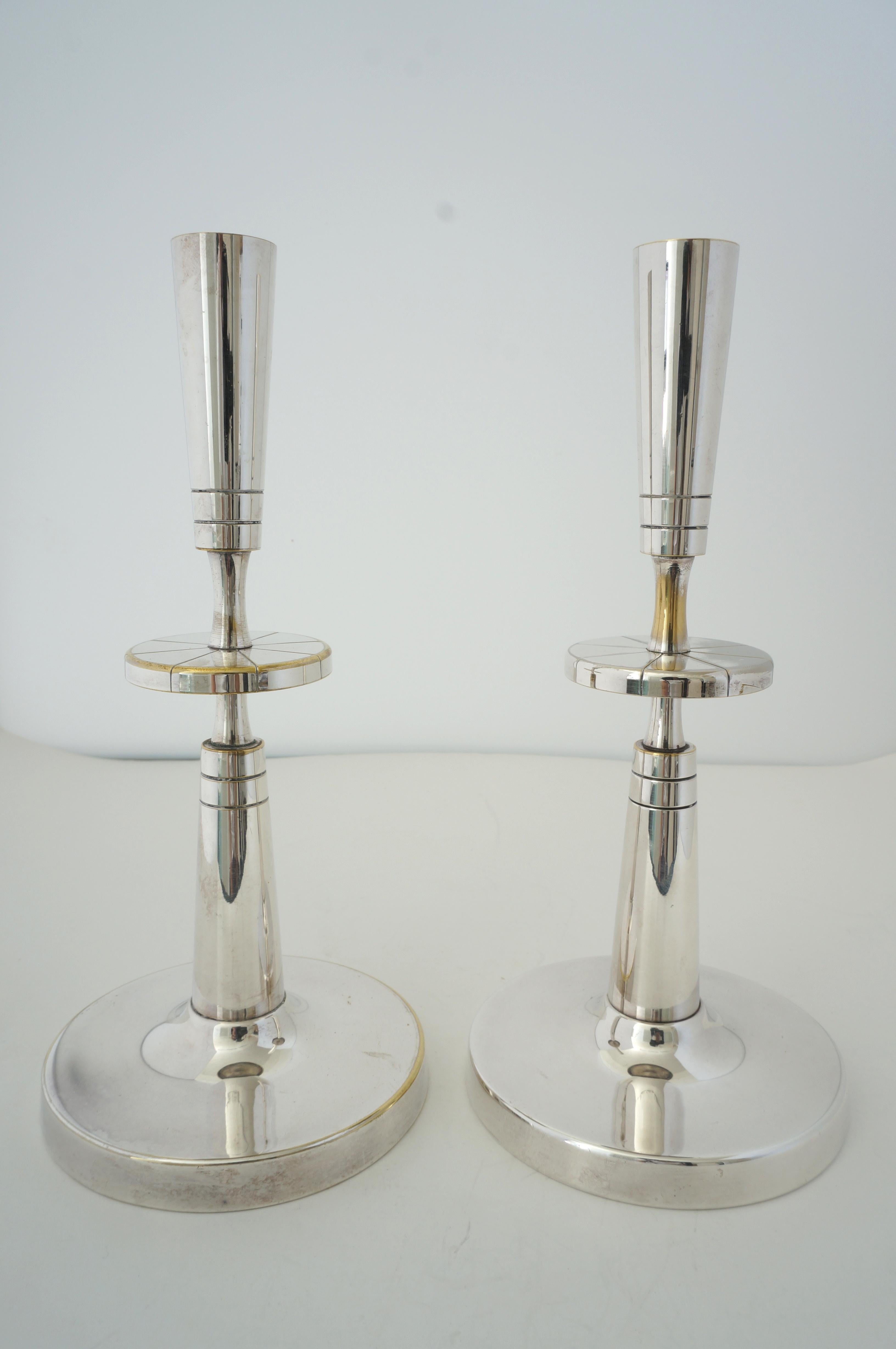 Mid-Century Modern Pair of Silverplate Candlesticks by Tommi Parzinger for Mueck-Cary