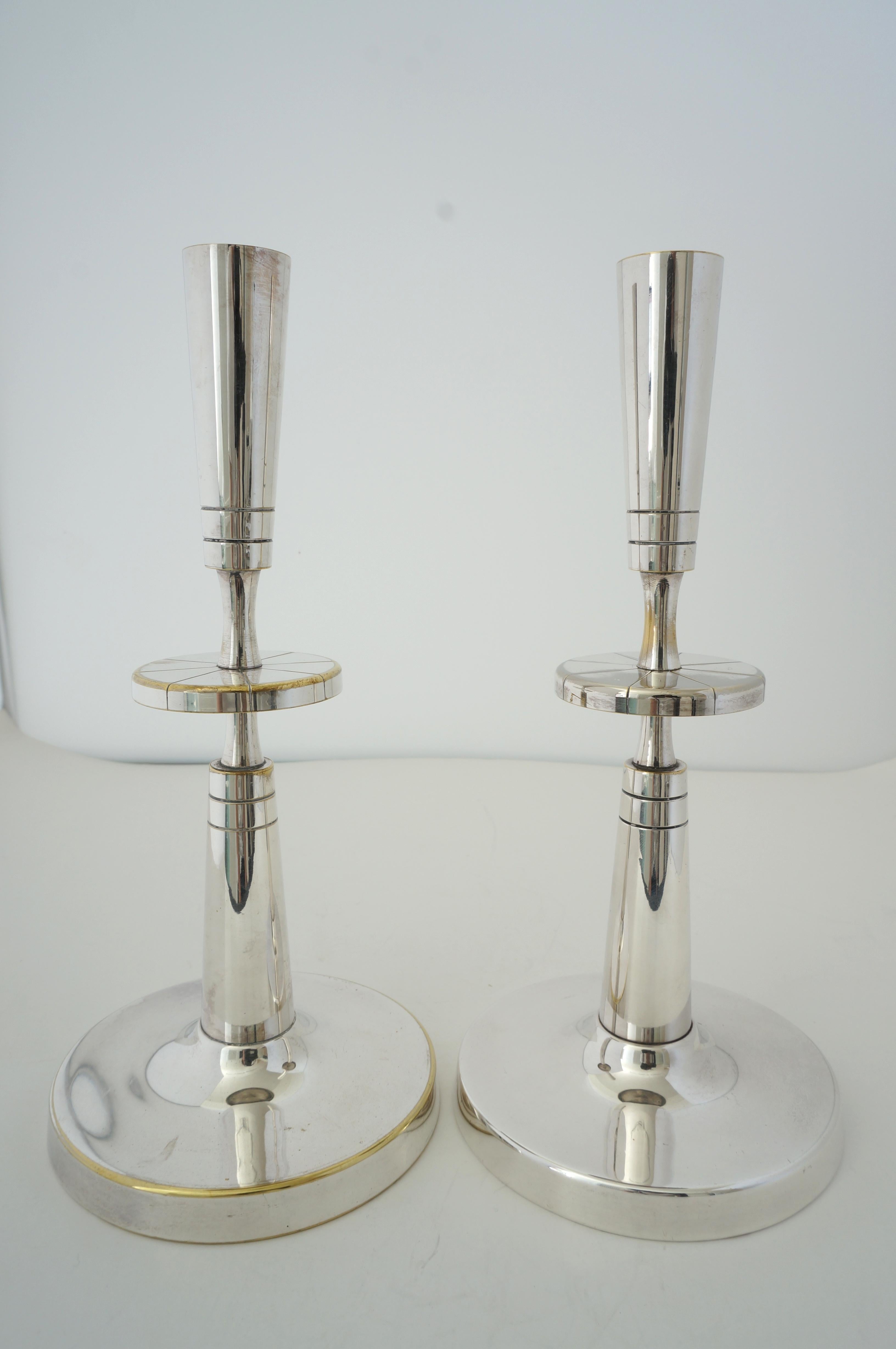 American Pair of Silverplate Candlesticks by Tommi Parzinger for Mueck-Cary
