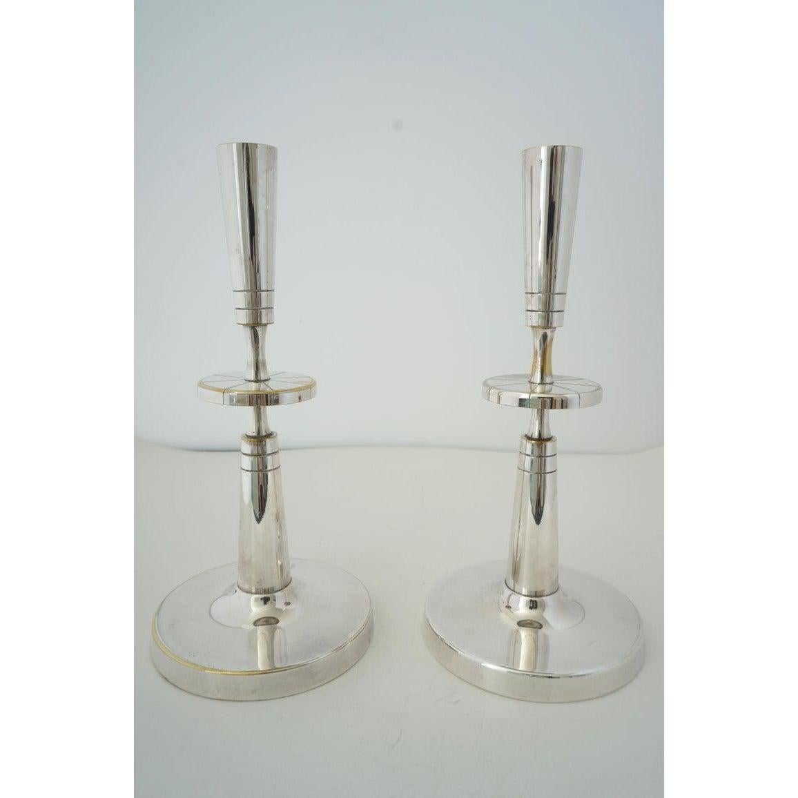 Pair of Silverplate Candlesticks by Tommi Parzinger for Mueck-Cary In Good Condition For Sale In West Palm Beach, FL