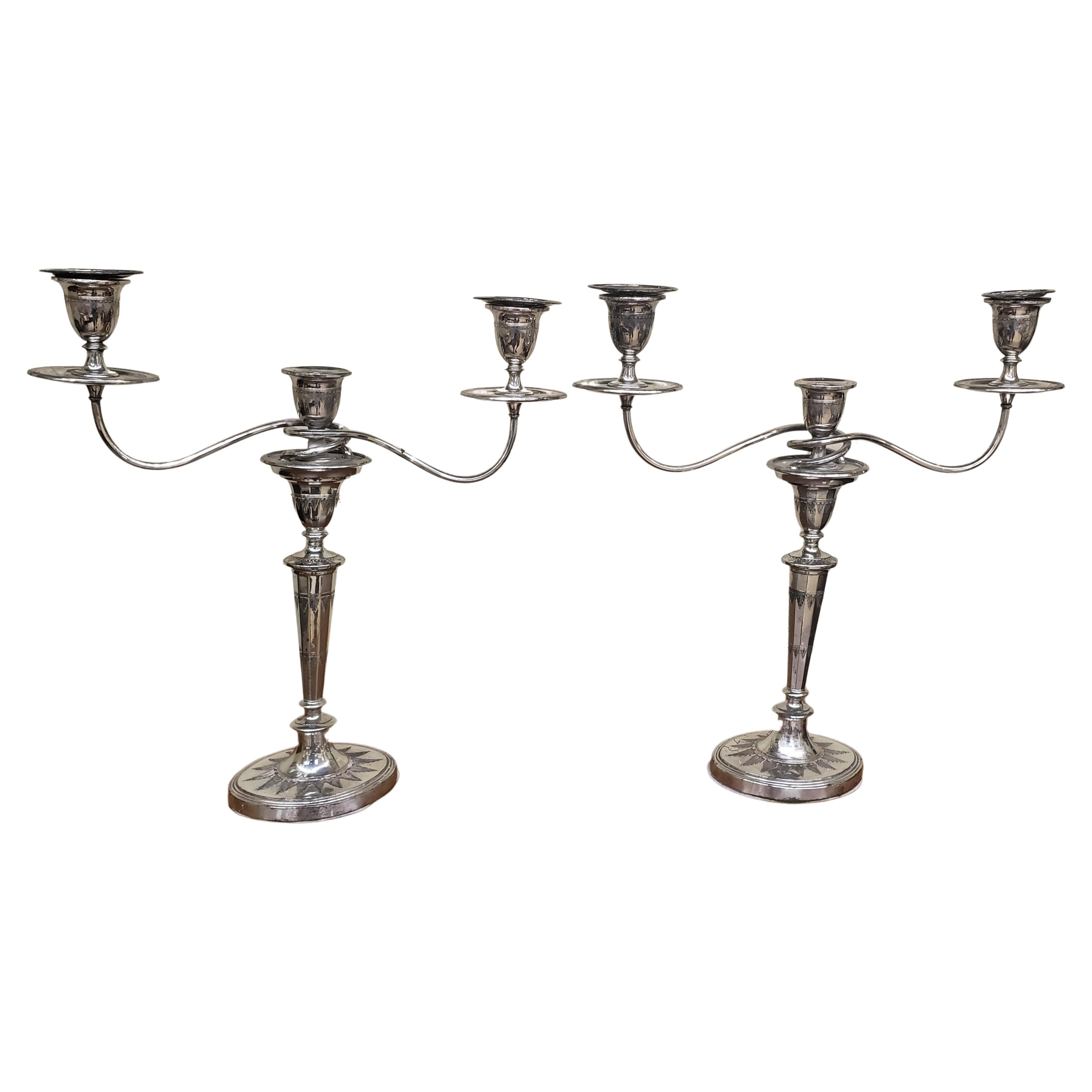 Metalwork Pair of Silverplate Convertible Three-Light Candelabra For Sale