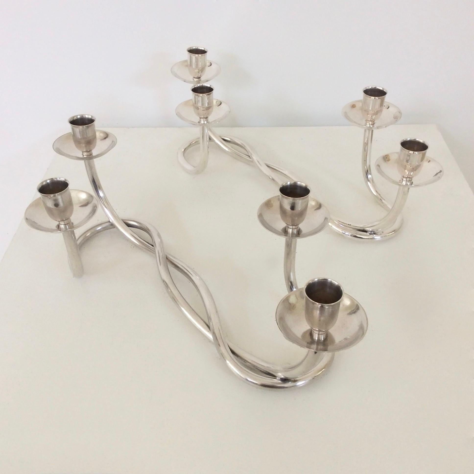 Mid-20th Century Pair of Silverplated Candleholders, circa 1960, Italy
