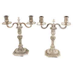 Pair of Silverplated Christofle 'Coll Gallia' Neoclassical Two Light Candelabra 
