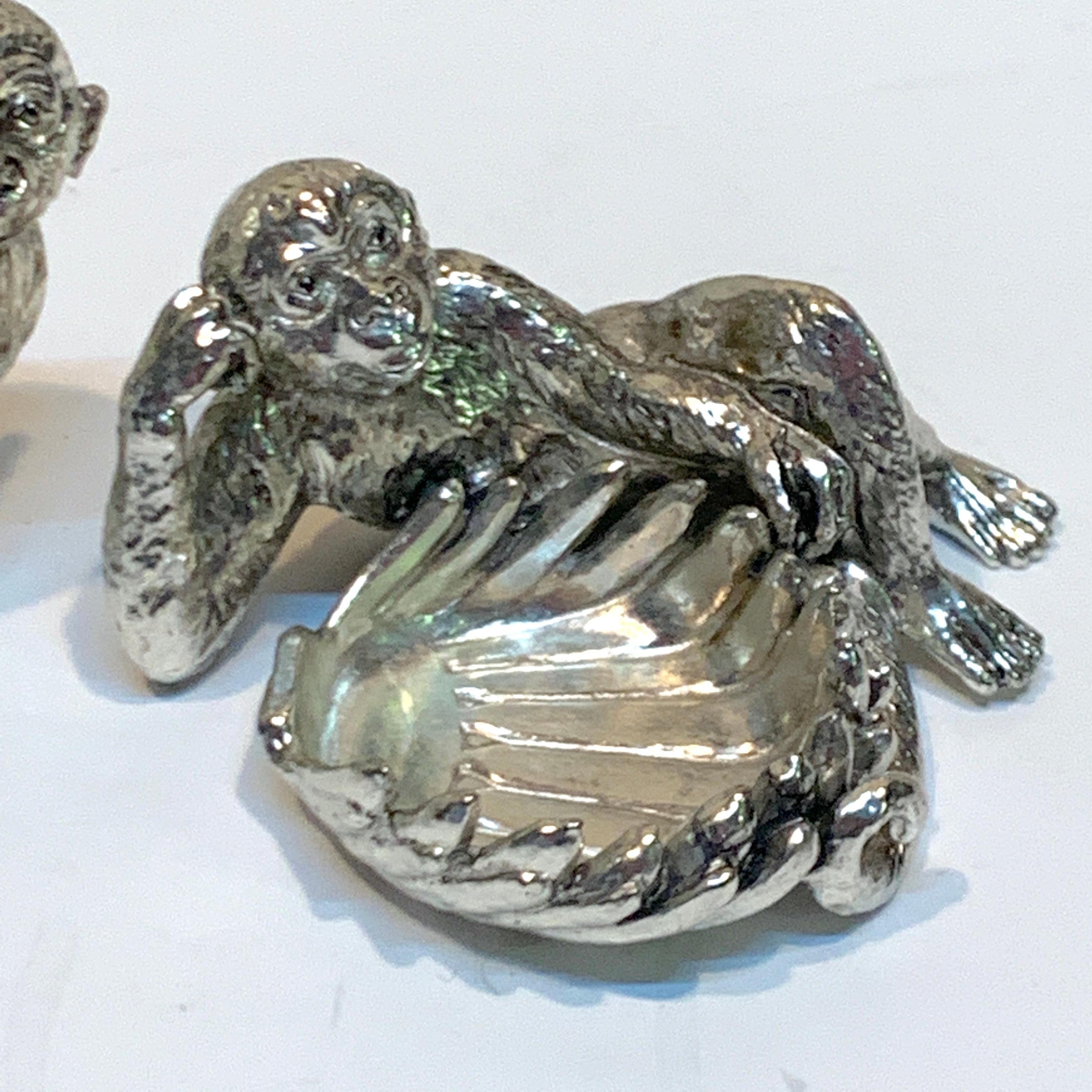 European Pair of Silver Plated Reclining Monkey Salts or Nut Dishes For Sale