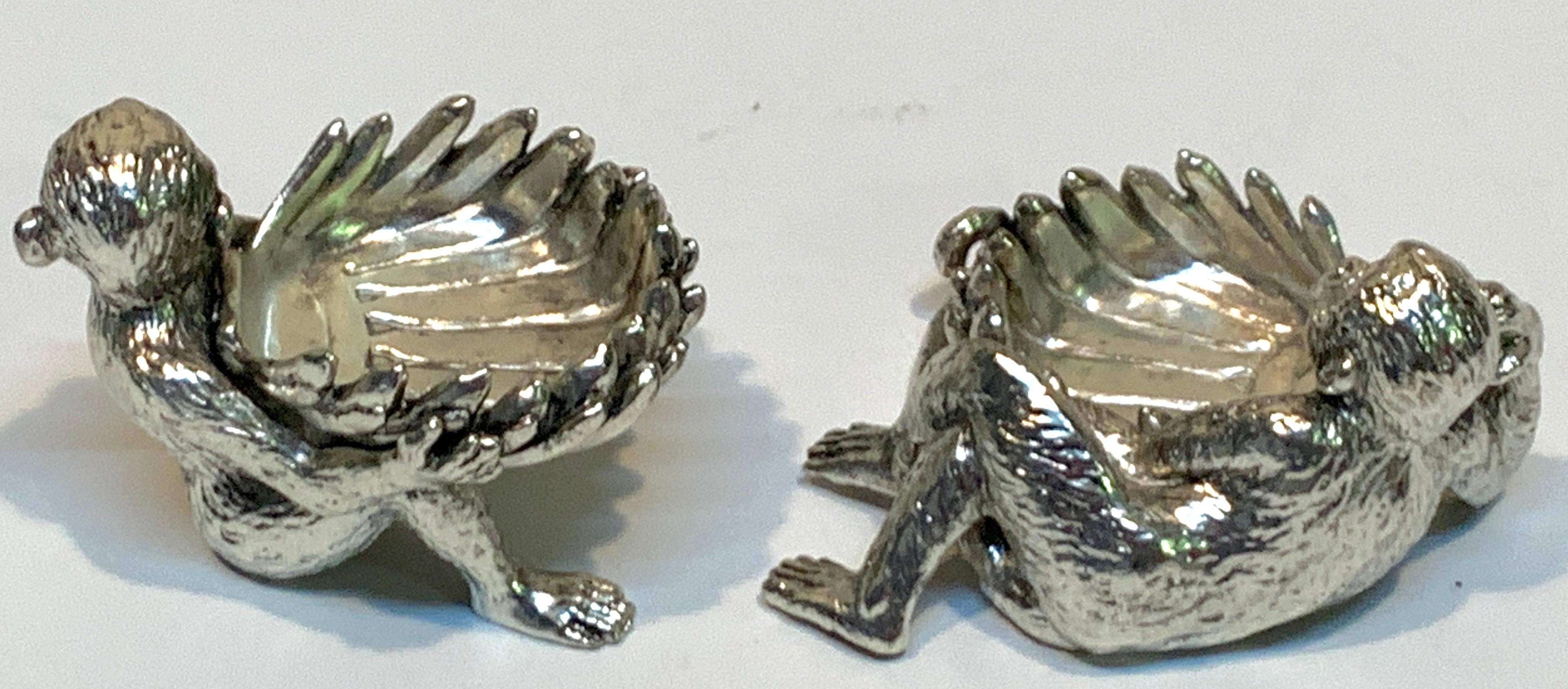 20th Century Pair of Silver Plated Reclining Monkey Salts or Nut Dishes