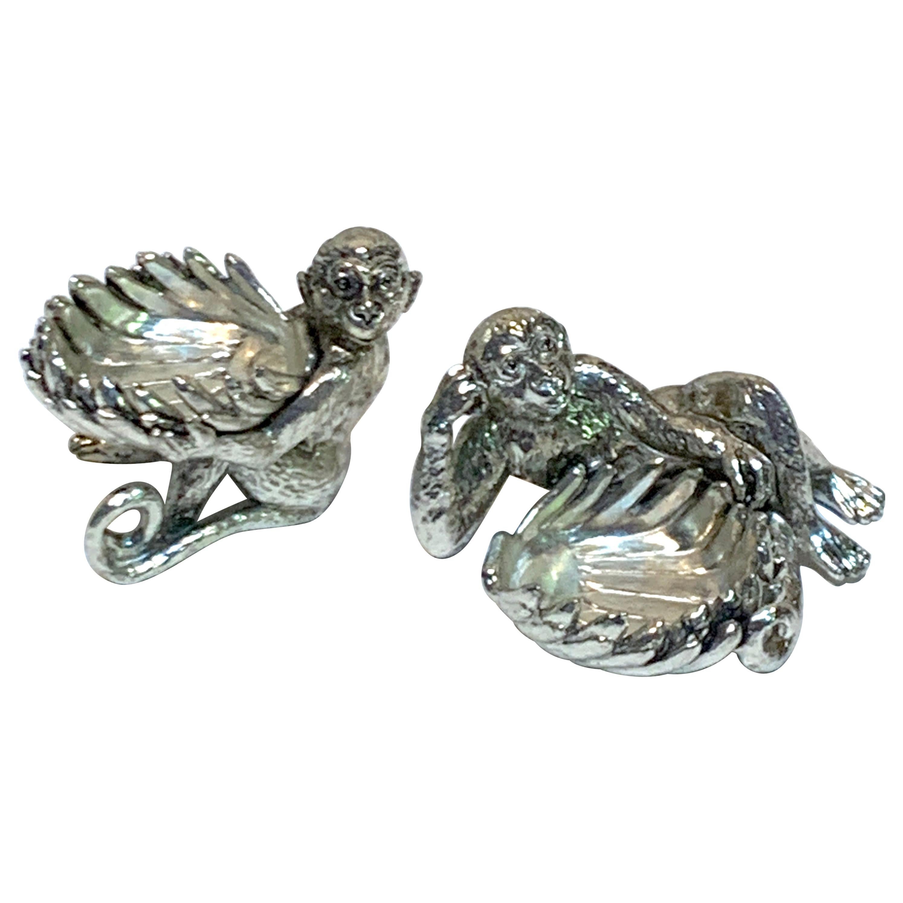 Pair of Silver Plated Reclining Monkey Salts or Nut Dishes For Sale