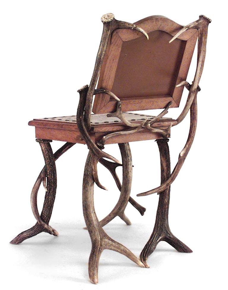 19th Century Pair of Rustic German Oak & Antler Leather Seat