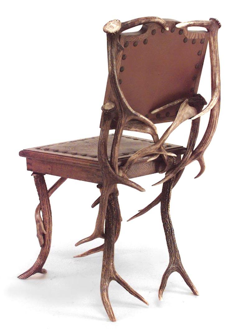 Pair of Rustic German Oak & Antler Leather Seat 1