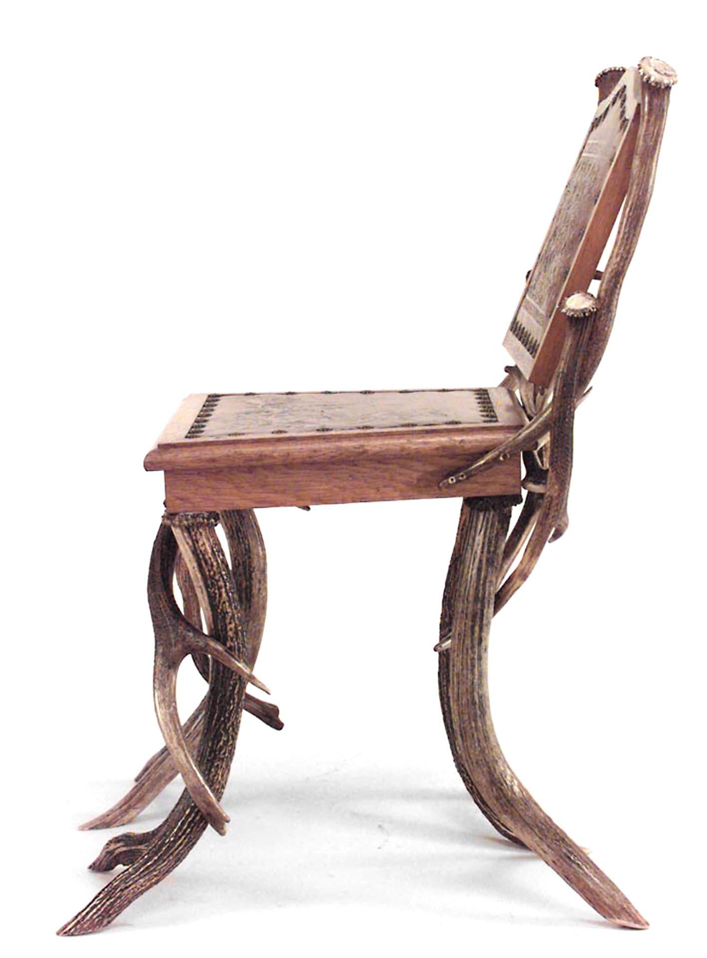 Pair of Rustic German Oak & Antler Leather Seat 2