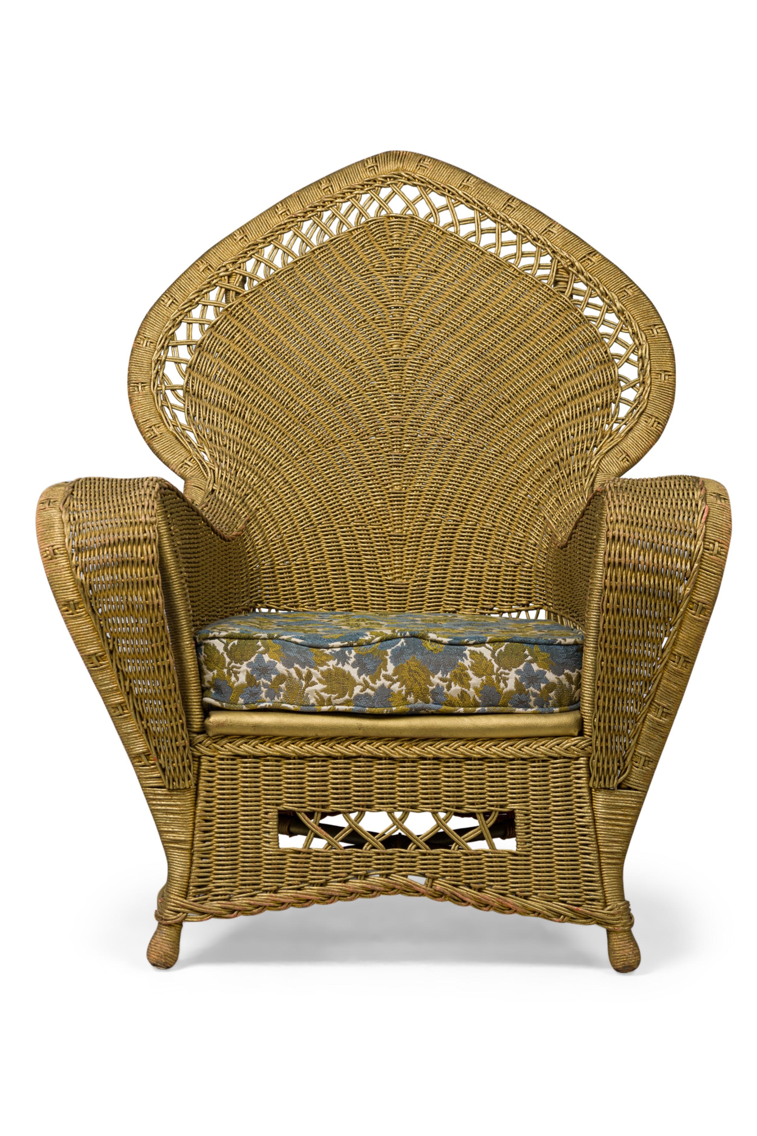 PAIR of similar paper cord Art Deco wicker armchairs, one with a rounded back and one with a pointed back, both painted gold with removable seat cushions upholstered in a green, blue, and beige floral tapestry fabric. (PRICED AS PAIR)
 

 Rounded