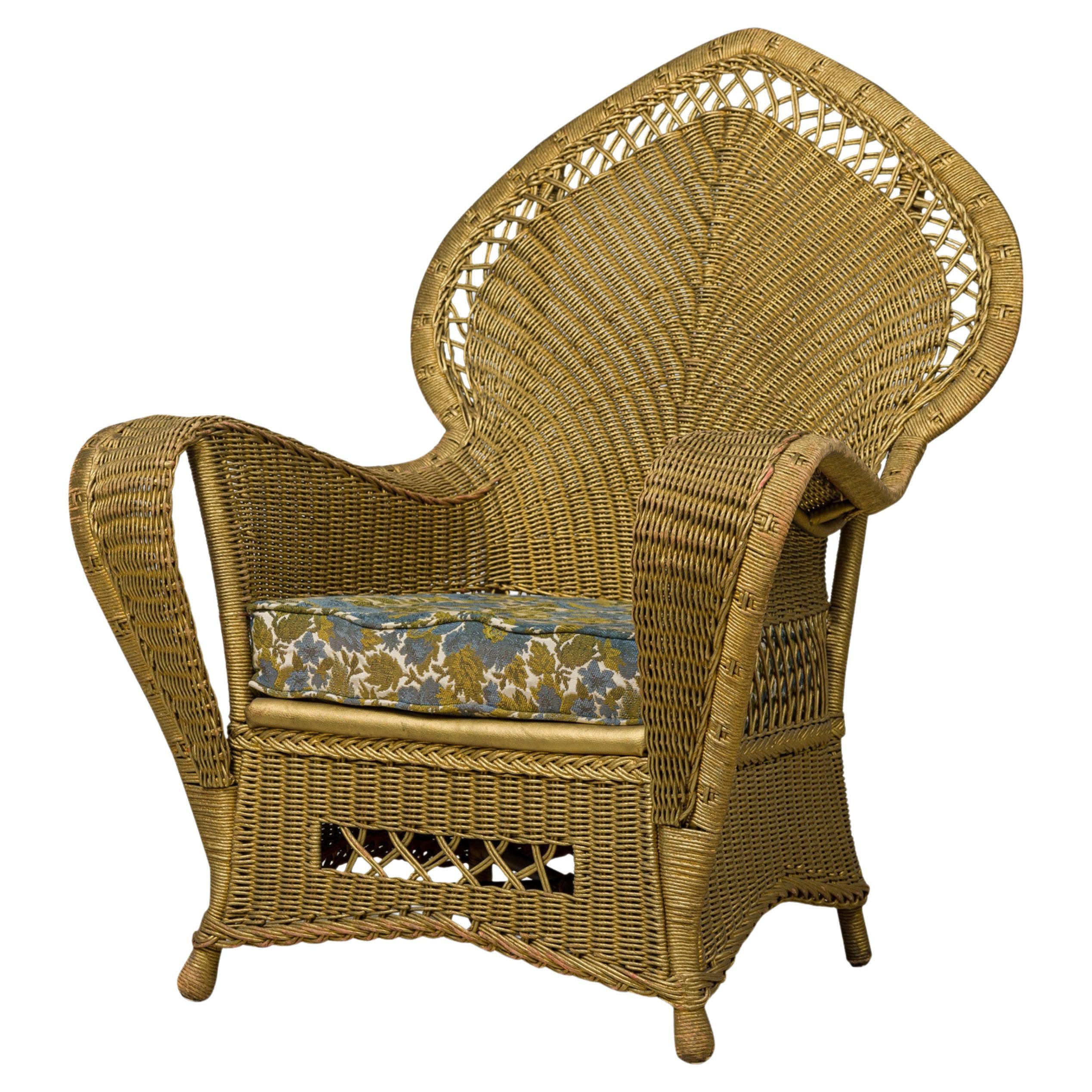 Pair of Similar Art Deco Gold Painted Paper Cord Wicker Armchairs For Sale