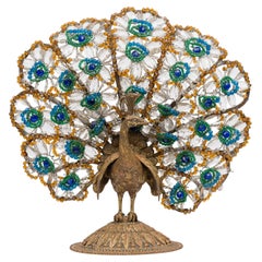 Pair of Similar Czechoslovakian Cast Bronze & Glass Beaded Peacock Table Lamps
