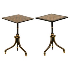 Pair of Similar English Regency Penwork Black and Giltwood Chess Tables