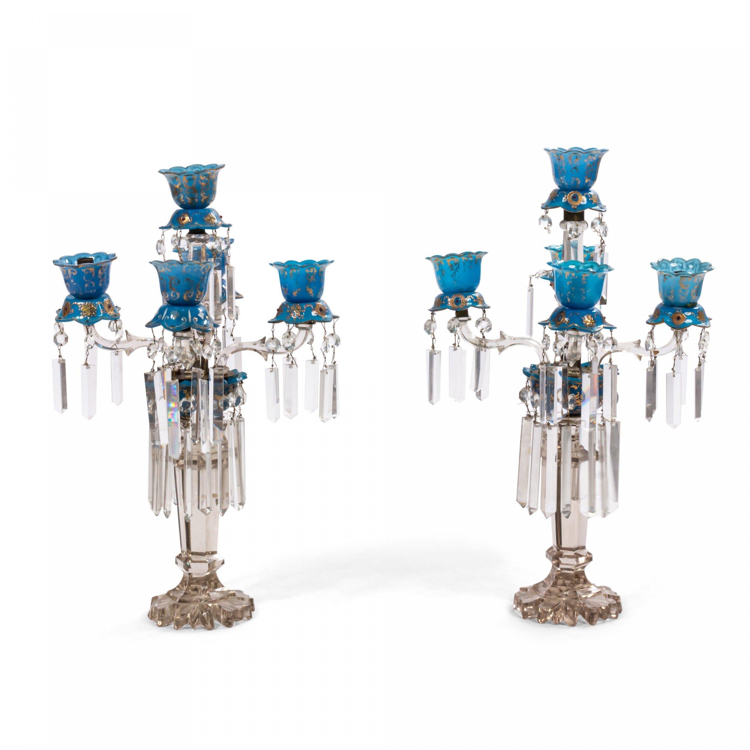 Pair of similar English Victorian crystal and blue opaline Waterford style 5 arm candelabras (PRICED AS Pair)
