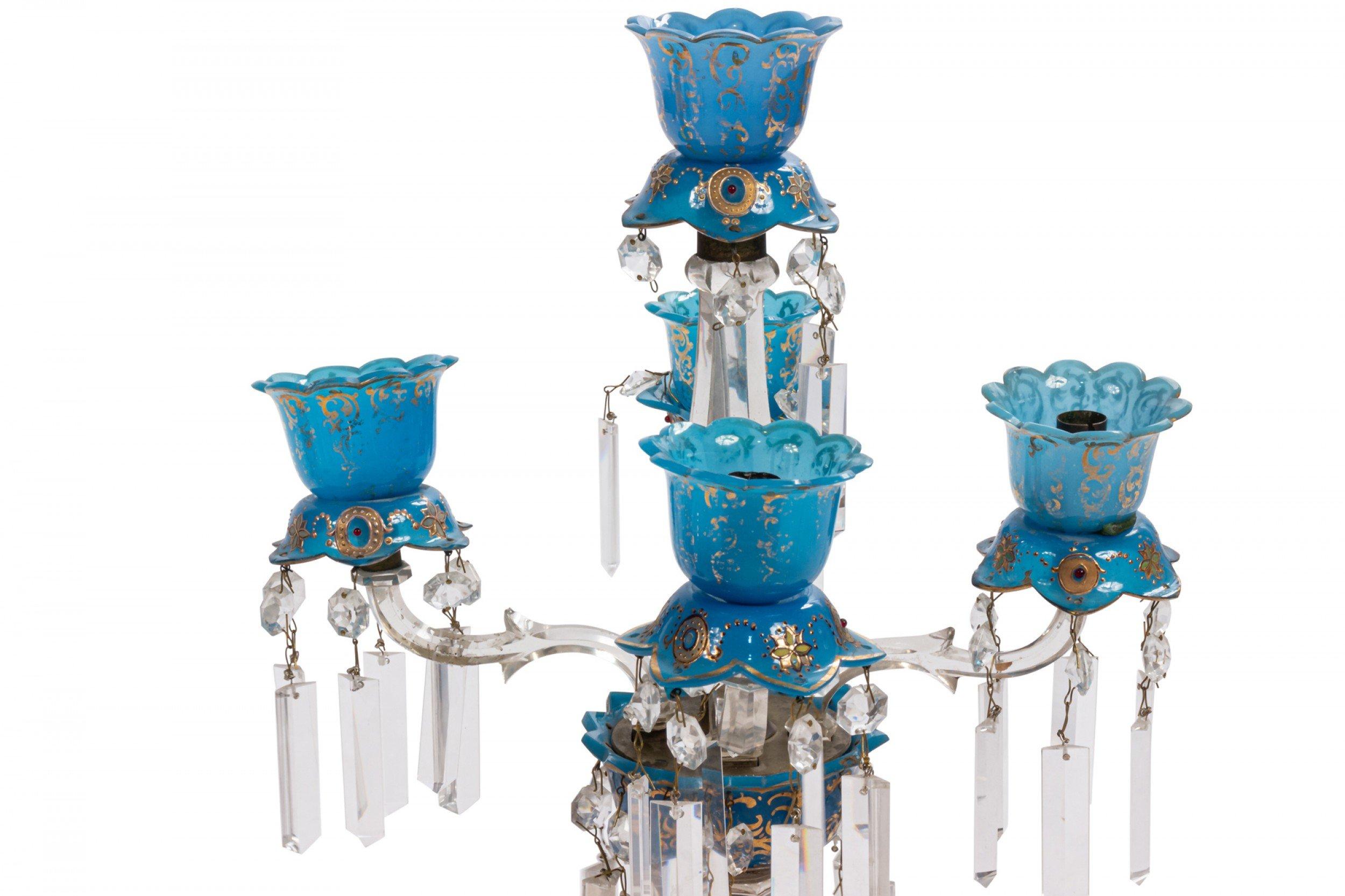 Pair of English Victorian Crystal and Opaline Candelabras For Sale 2