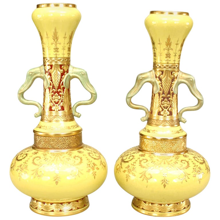 Pair of English Victorian Minton Yellow Porcelain Bottle Vases For Sale