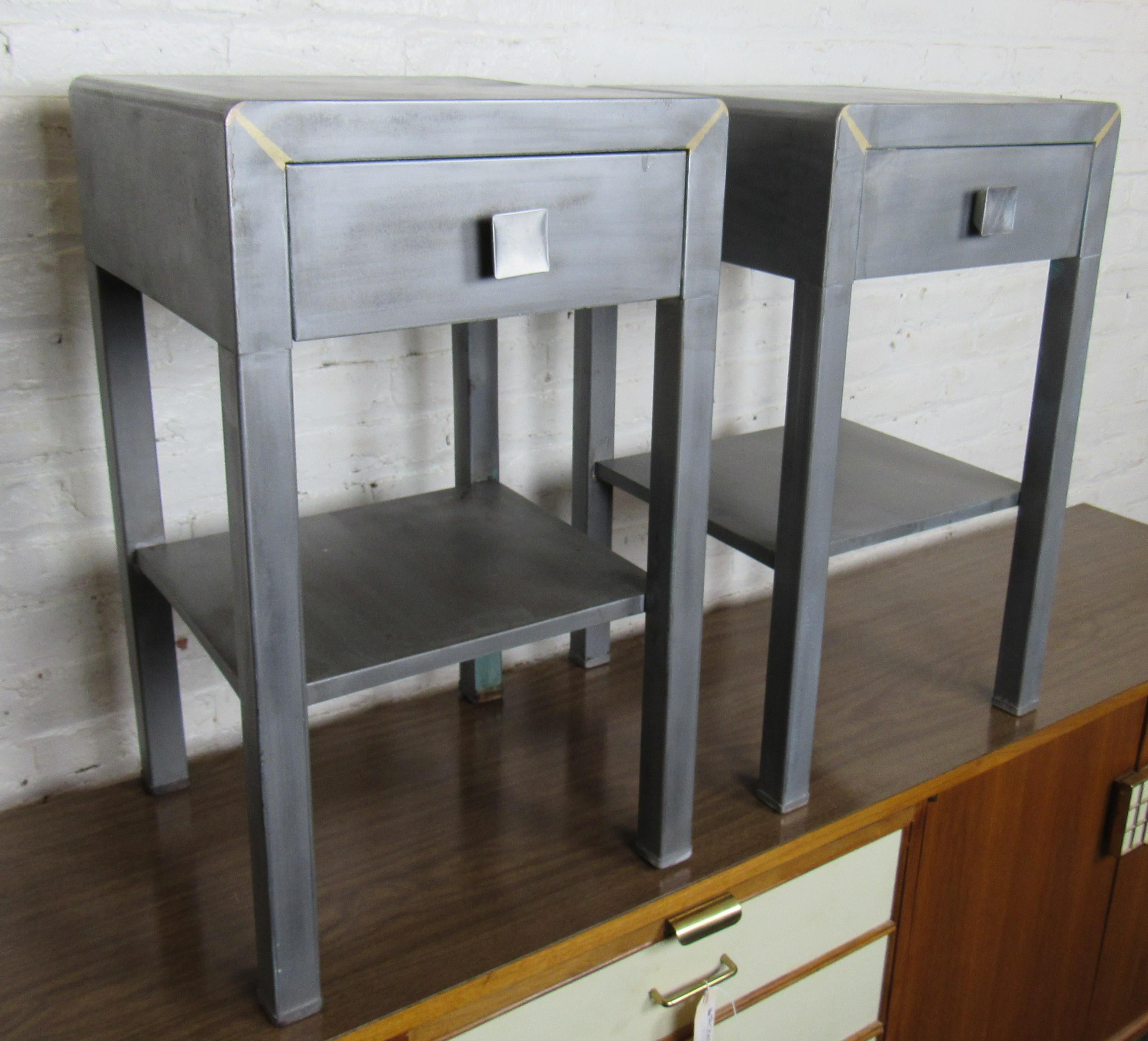 Pair of refinished industrial night stands or side tables. From the mid-century era. Restored in a bare metal style finish. good for bedroom or bathroom. 
(Please confirm item location - NY or NJ - with dealer).
   