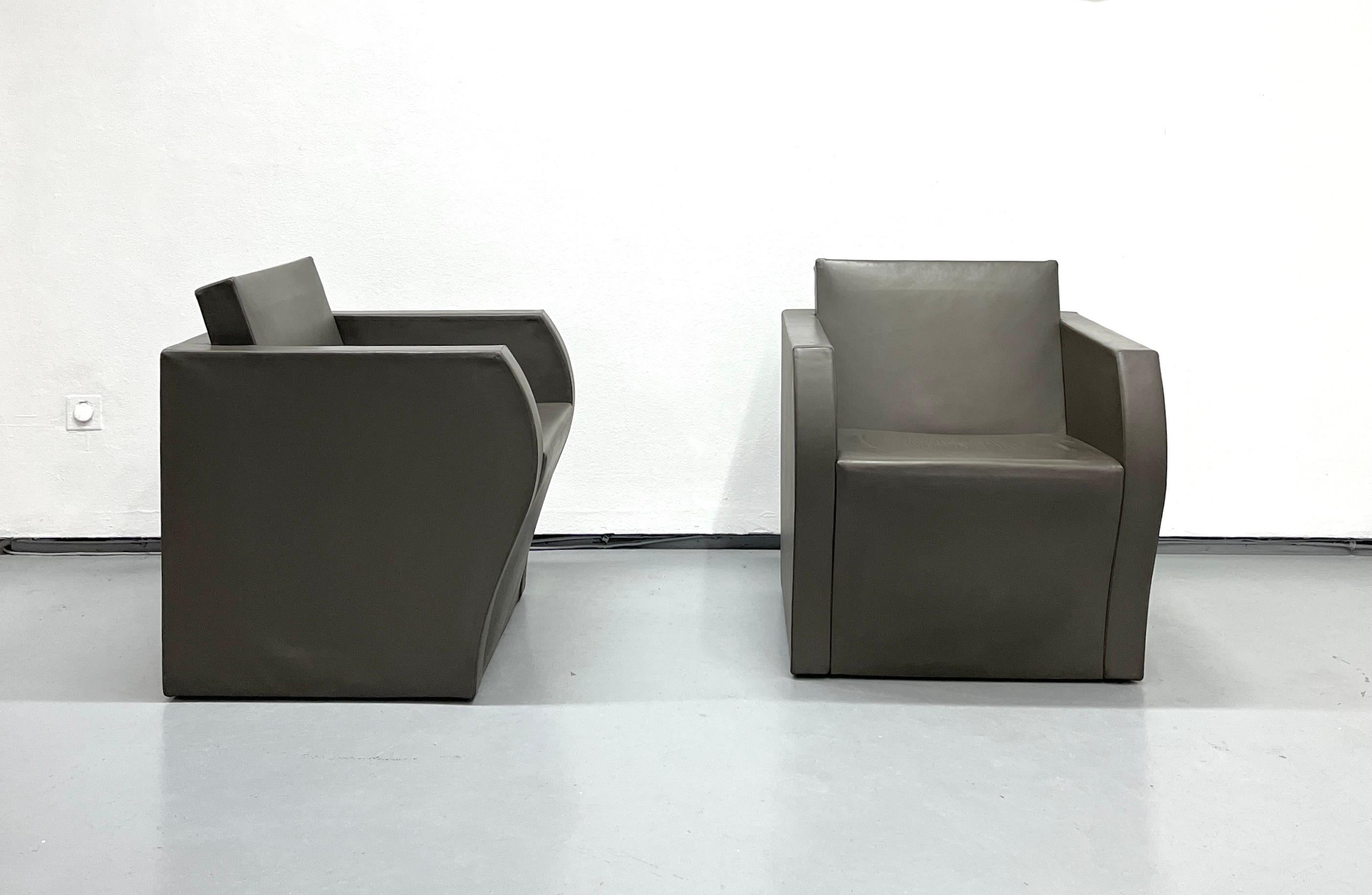 Faux Leather Pair of Simple Bridge Armchairs in Skai by Jean Nouvel, 1991 For Sale