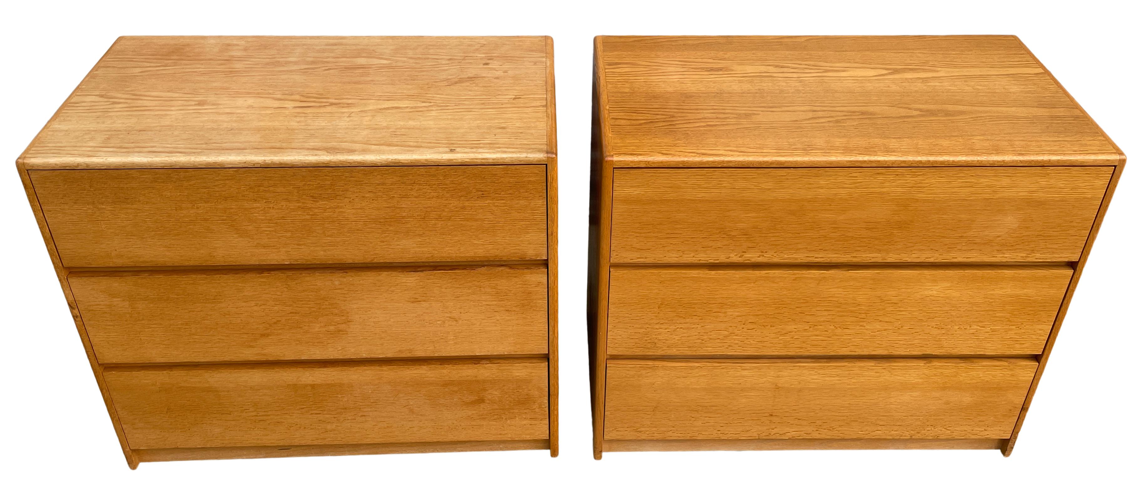 Simple pair of Mid-Century Modern 3 drawer white oak dressers very clean. Some drawers have removable wood dividers. All white oak construction. All drawers slide smooth and are clean inside. This listing is for (2) dressers (1) pair.