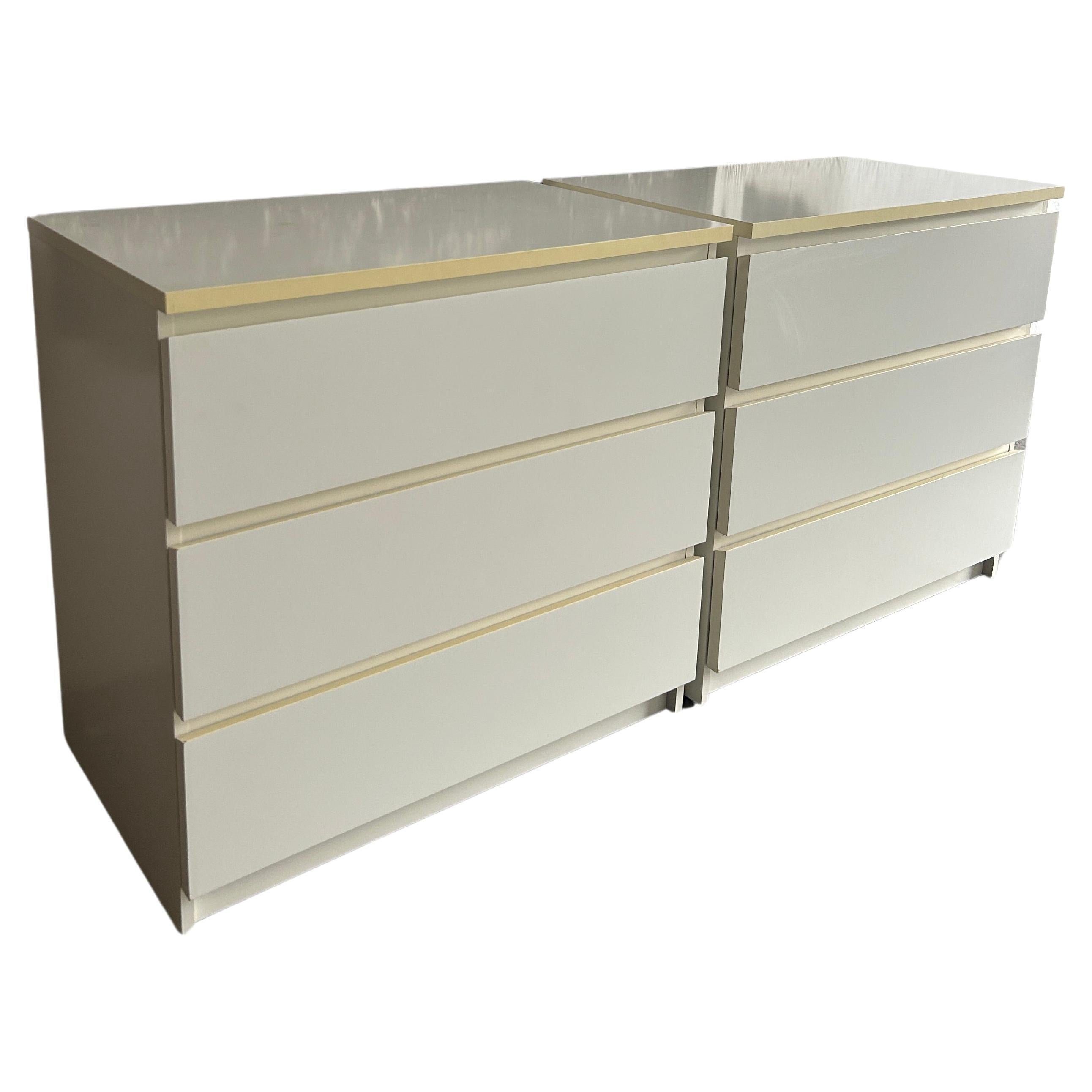 Pair of Simple Post Modern white Laminate 3 Drawer Dressers For Sale