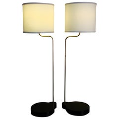 Pair of Simple, Tall and Delicate Modernist Brass Lamps with Ebonized Wood Bases