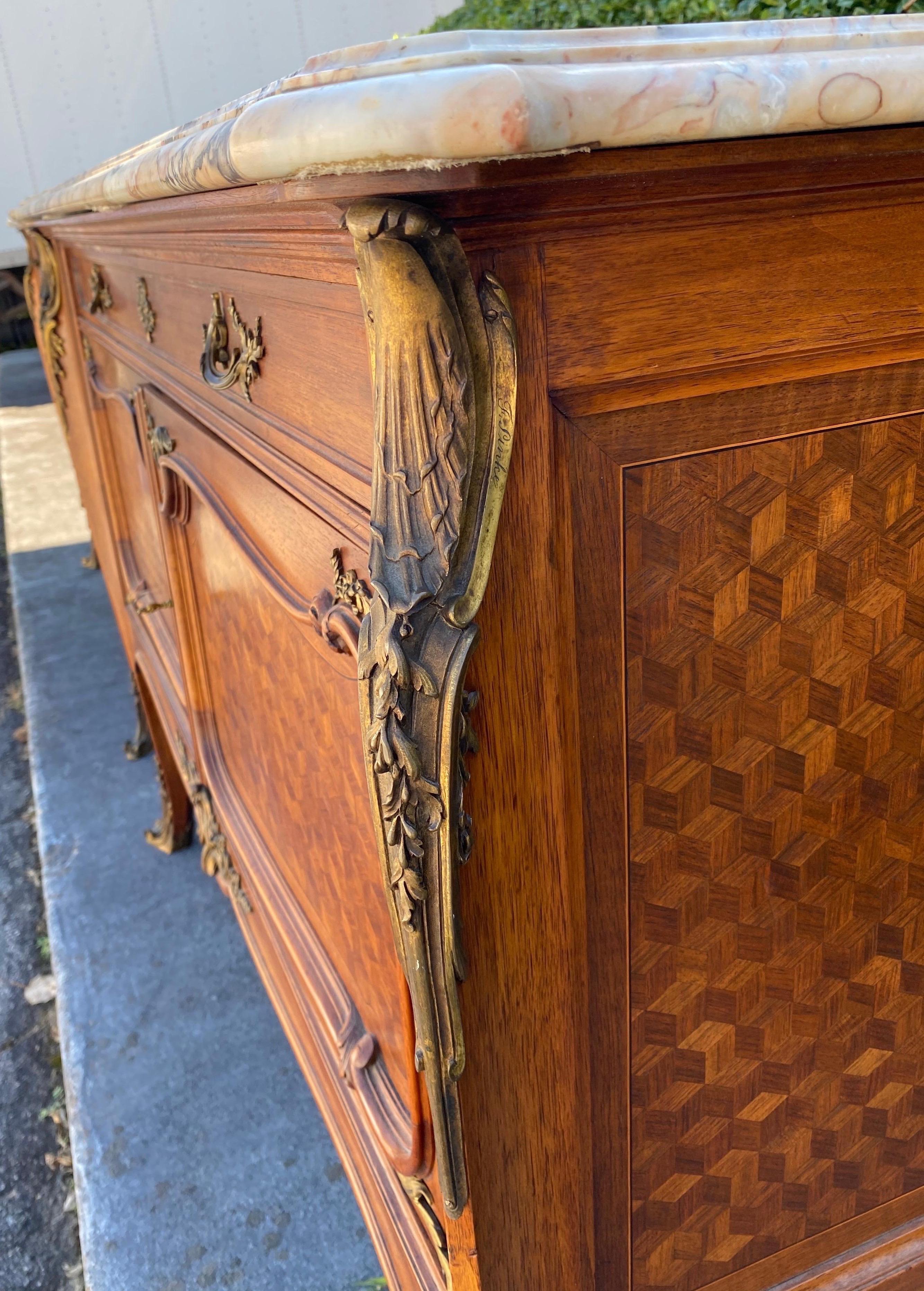 Pair of Singed Linke Bronze Mounted Parquetry Commodes, Francois Linke, Paris FR For Sale 5