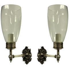 Pair of Single Arm Wall Sconces with Storm Shades