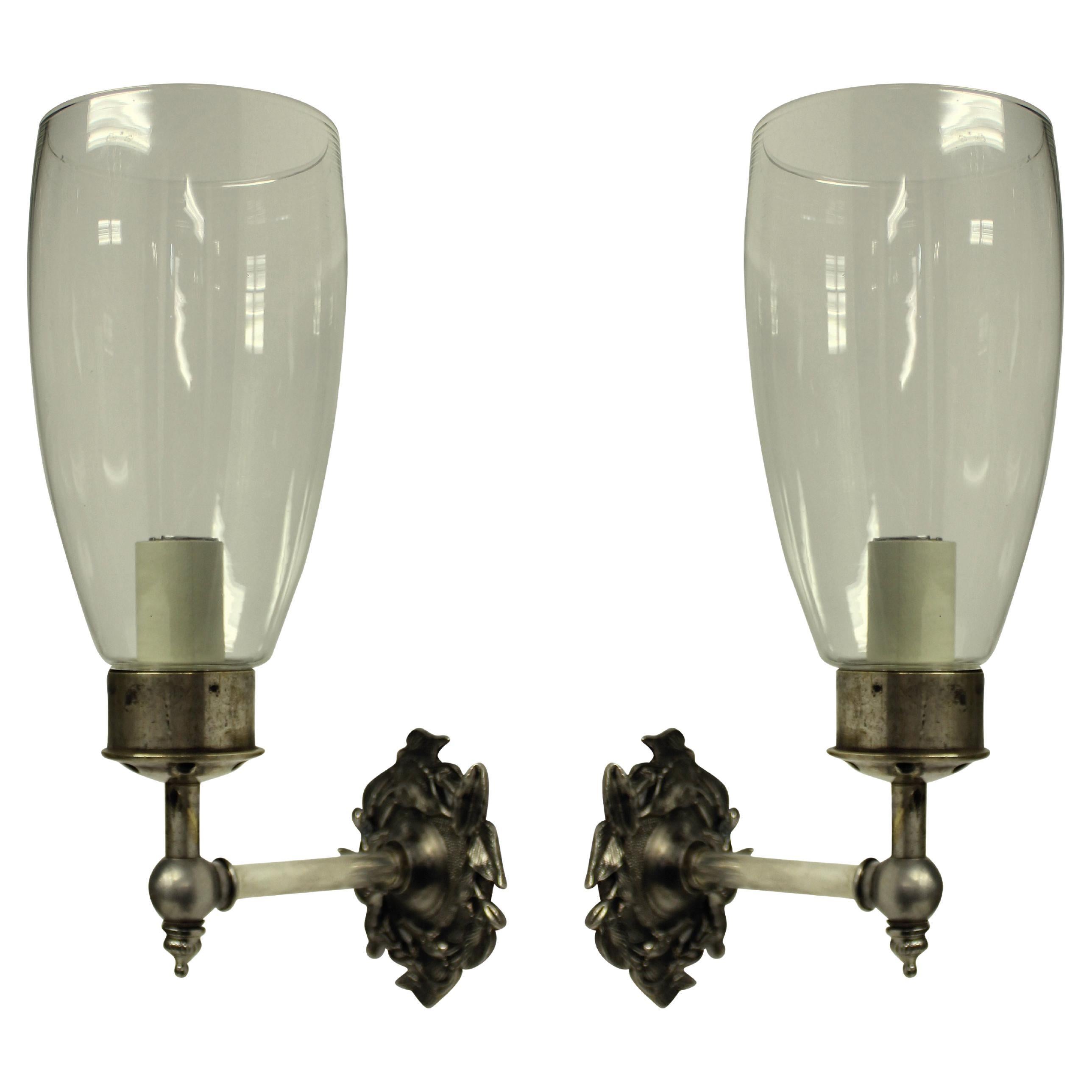 Pair of Single Arm Wall Sconces with Storm Shades