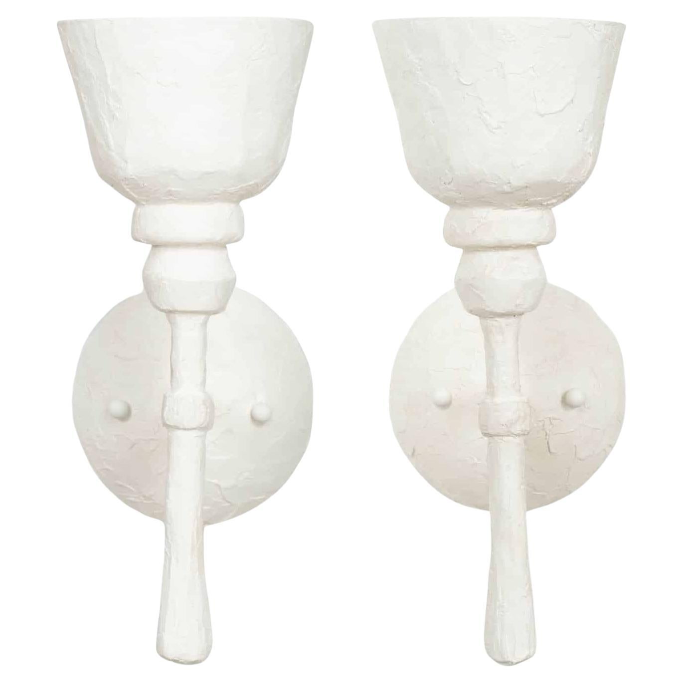 Pair of Single-Arm White Plaster Sconces For Sale