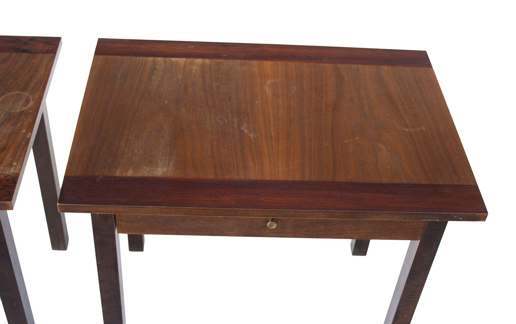 Pair of Single Drawer Nightstands in Rosewood and Walnut In Fair Condition In Grand Rapids, MI