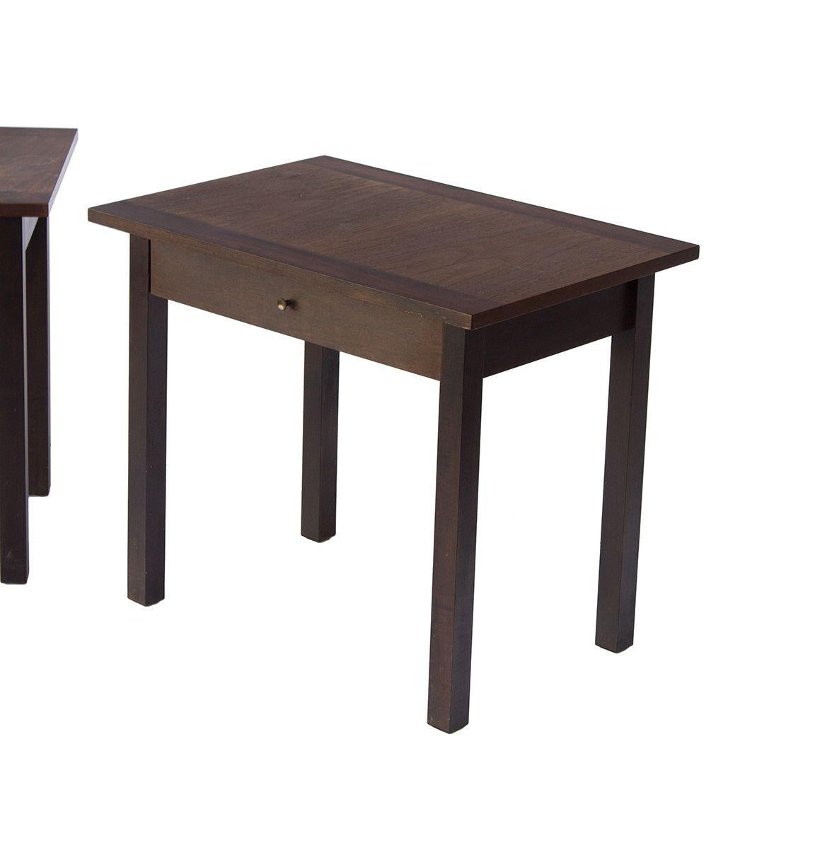 Brass Pair of Single Drawer Nightstands in Rosewood and Walnut For Sale