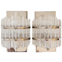 Pair of Single Light Nickel-Plated and Glass Rod Wall Sconces