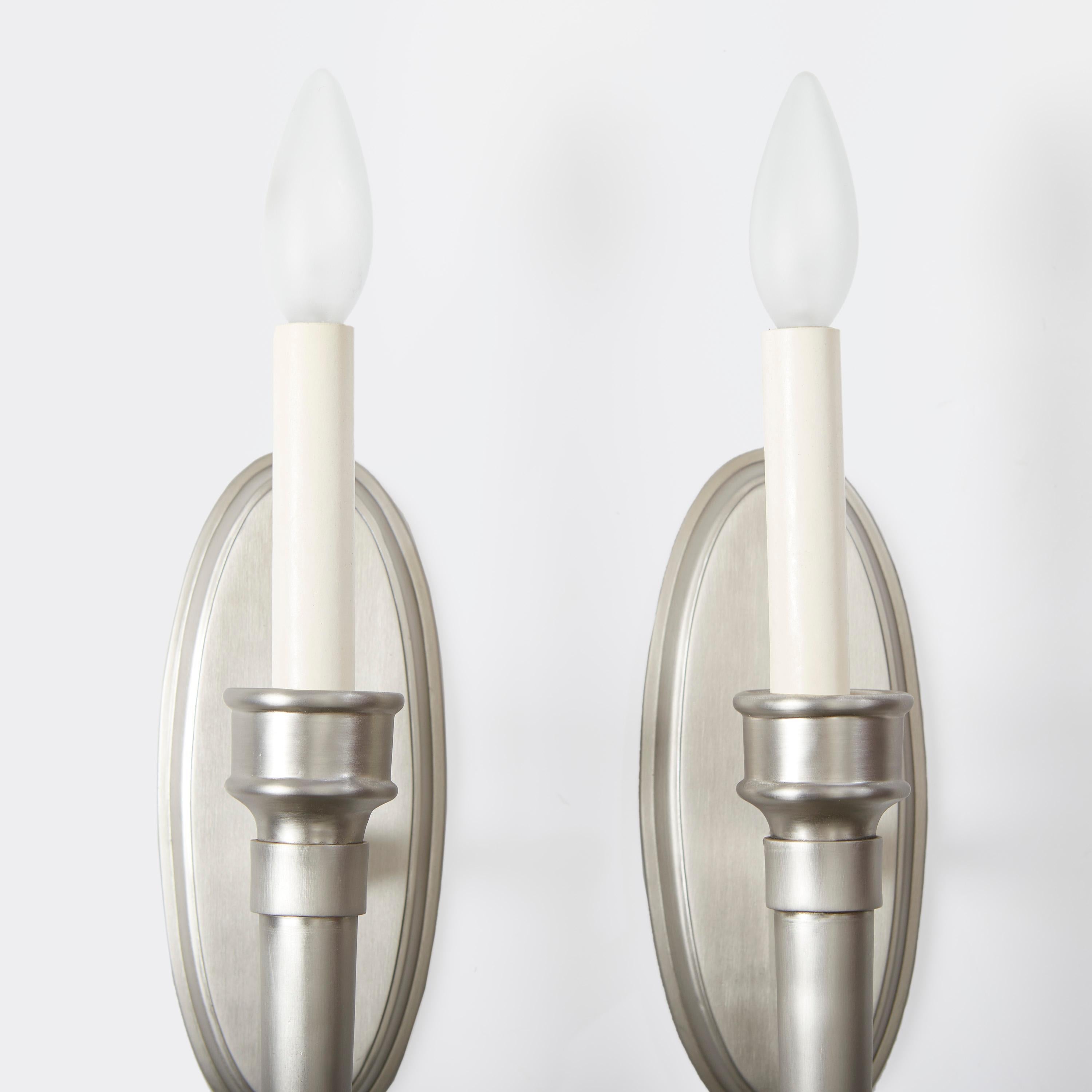 Pair of Single Light Sconces with Oval Backplate, Nickel Plating by David Duncan In New Condition For Sale In New York, NY