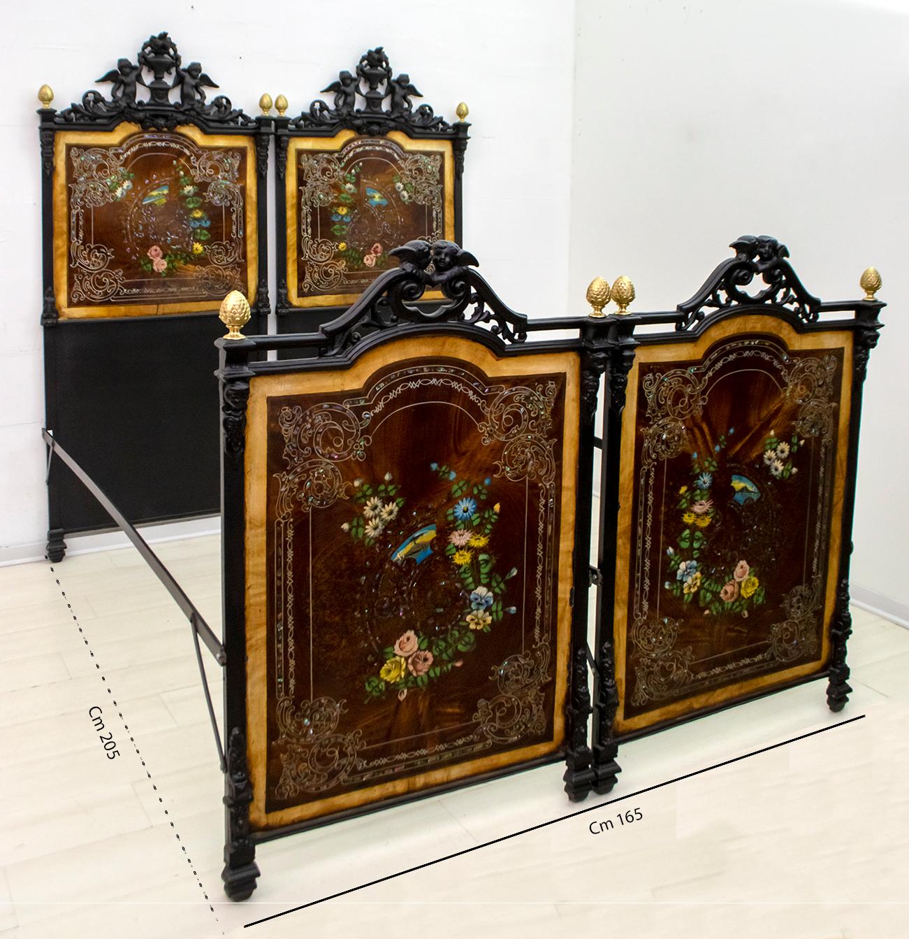 Hand-Painted Pair of Single or Doble Beds 19th Century Italian Art Nouveau Hand Painted Iron