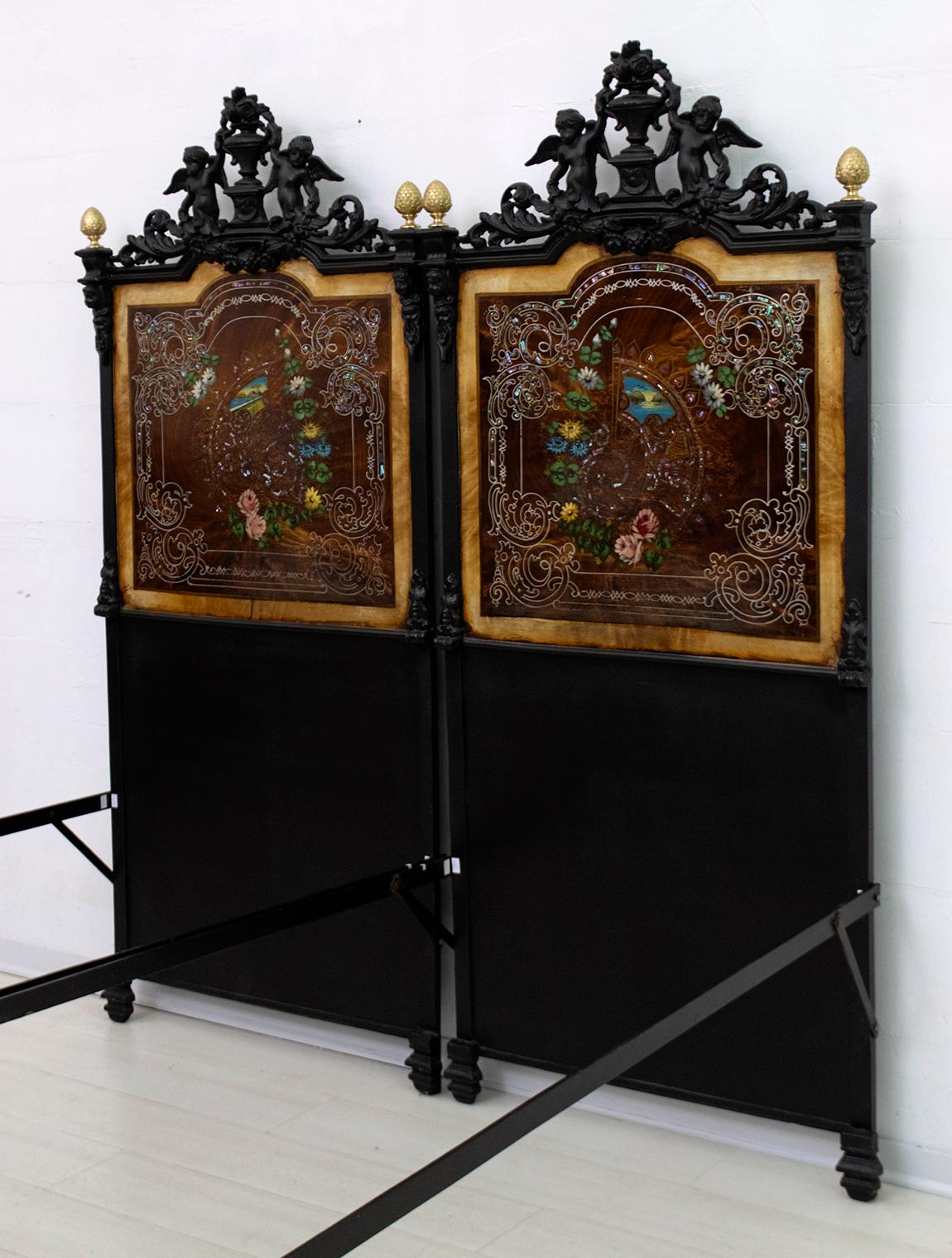 Pair of Single or Doble Beds 19th Century Italian Art Nouveau Hand Painted Iron In Good Condition In Puglia, Puglia