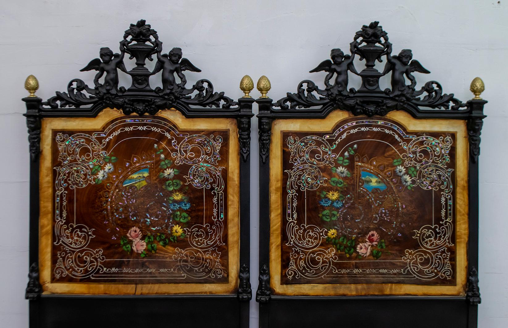 Late 19th Century Pair of Single or Doble Beds 19th Century Italian Art Nouveau Hand Painted Iron